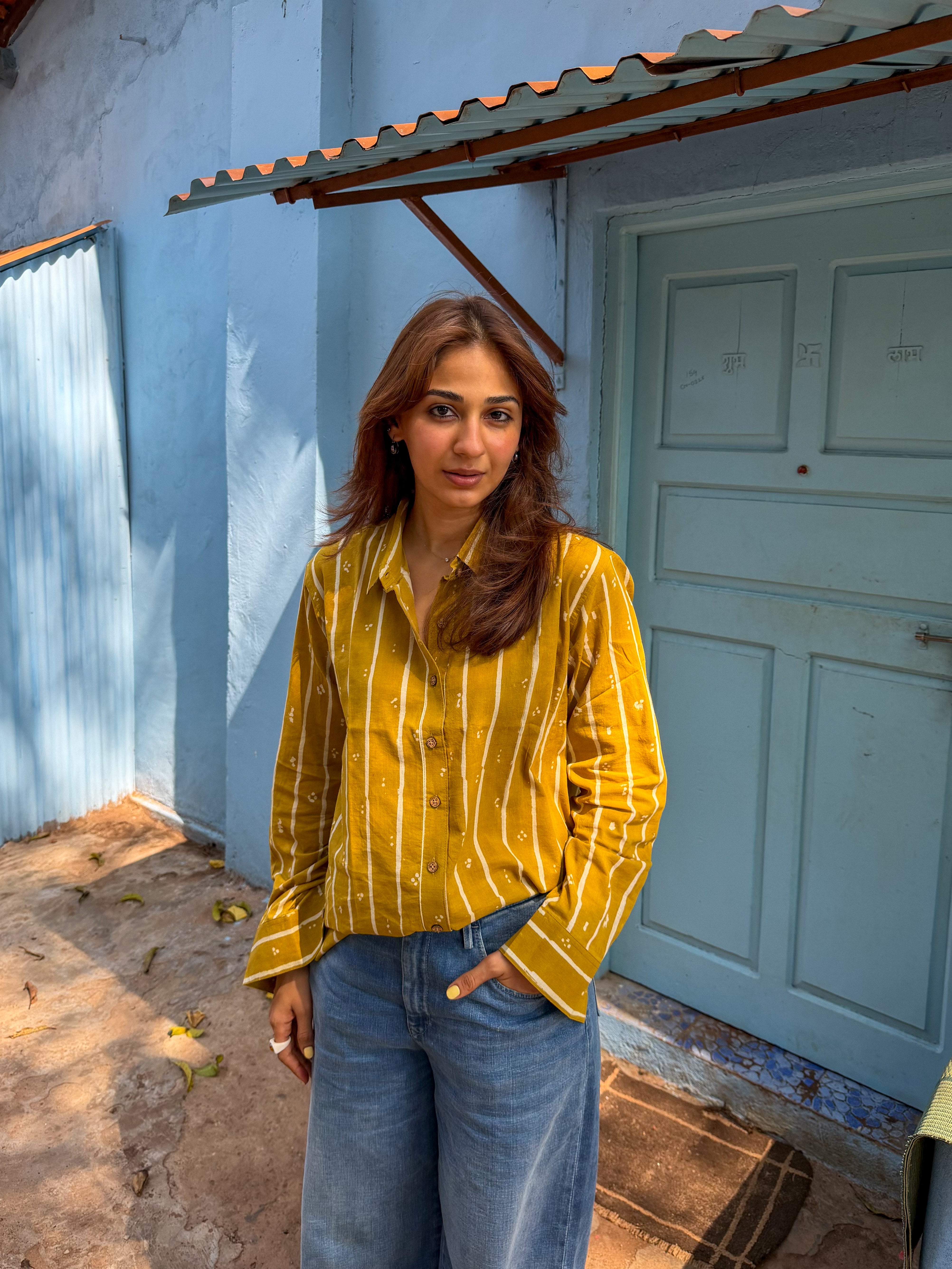 Yellow Bagru Stripe Handblock Cotton Shirt