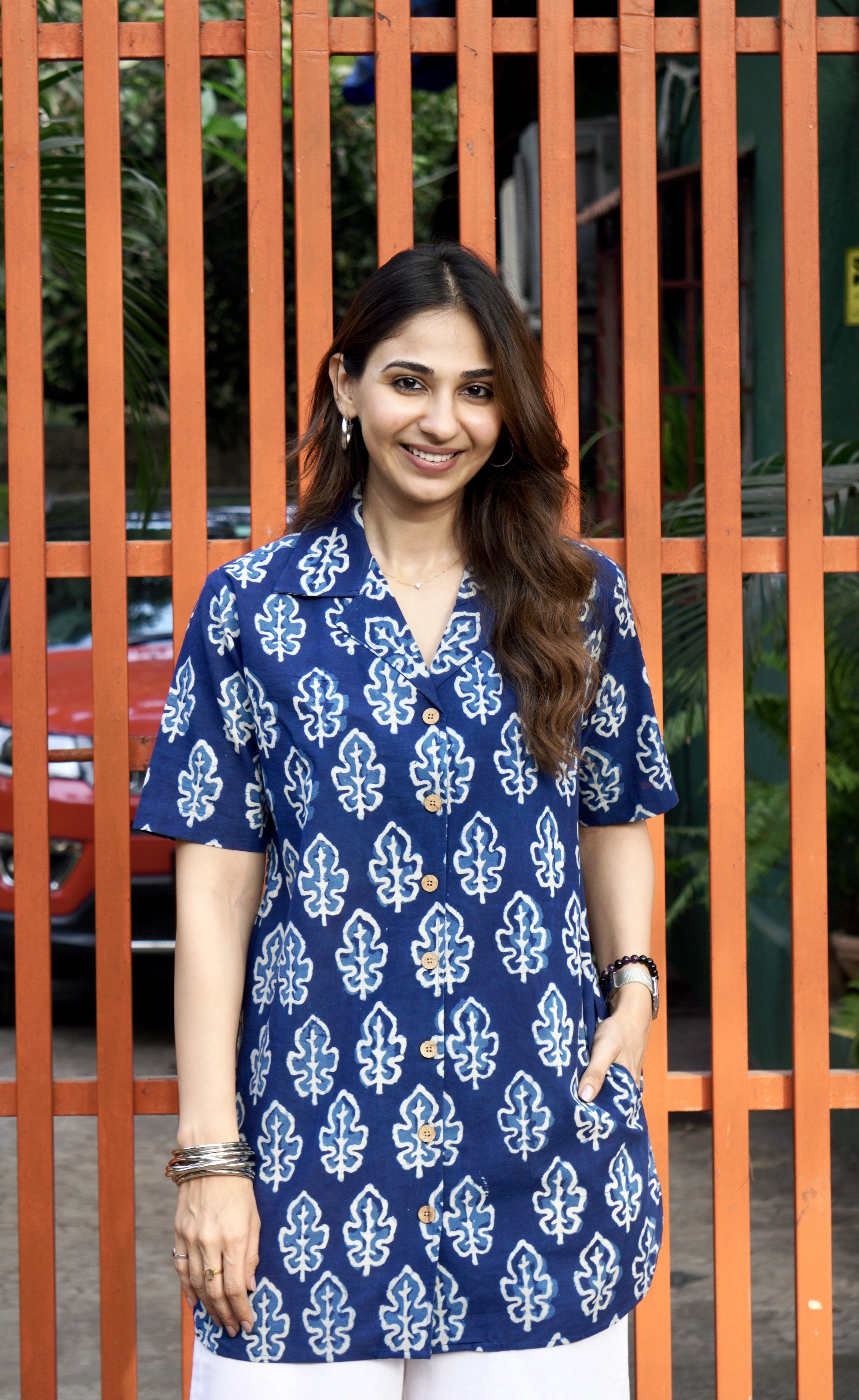 Navy Blue Leaf Handblock Cotton Shirt Kurti