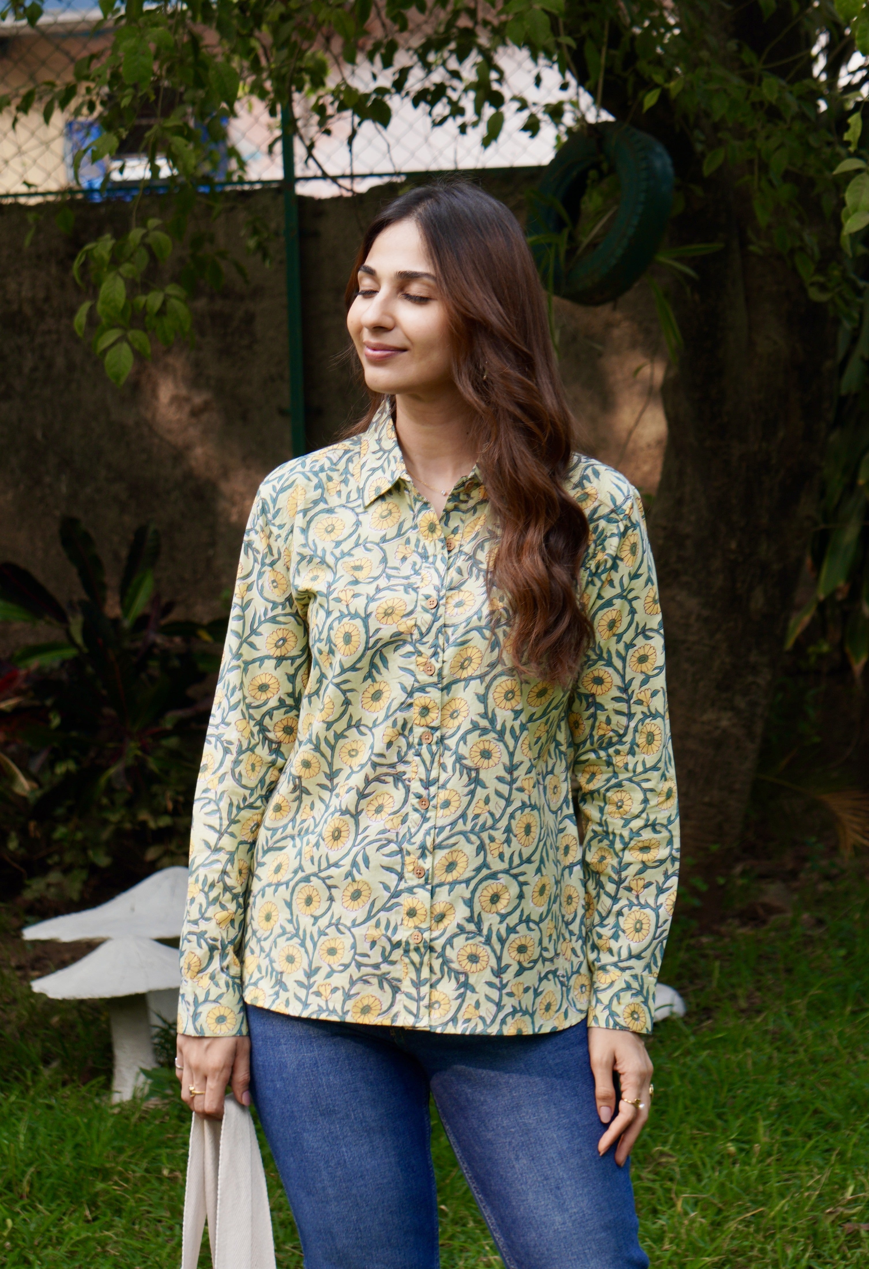 Green Yellow Floral Handblock Shirt