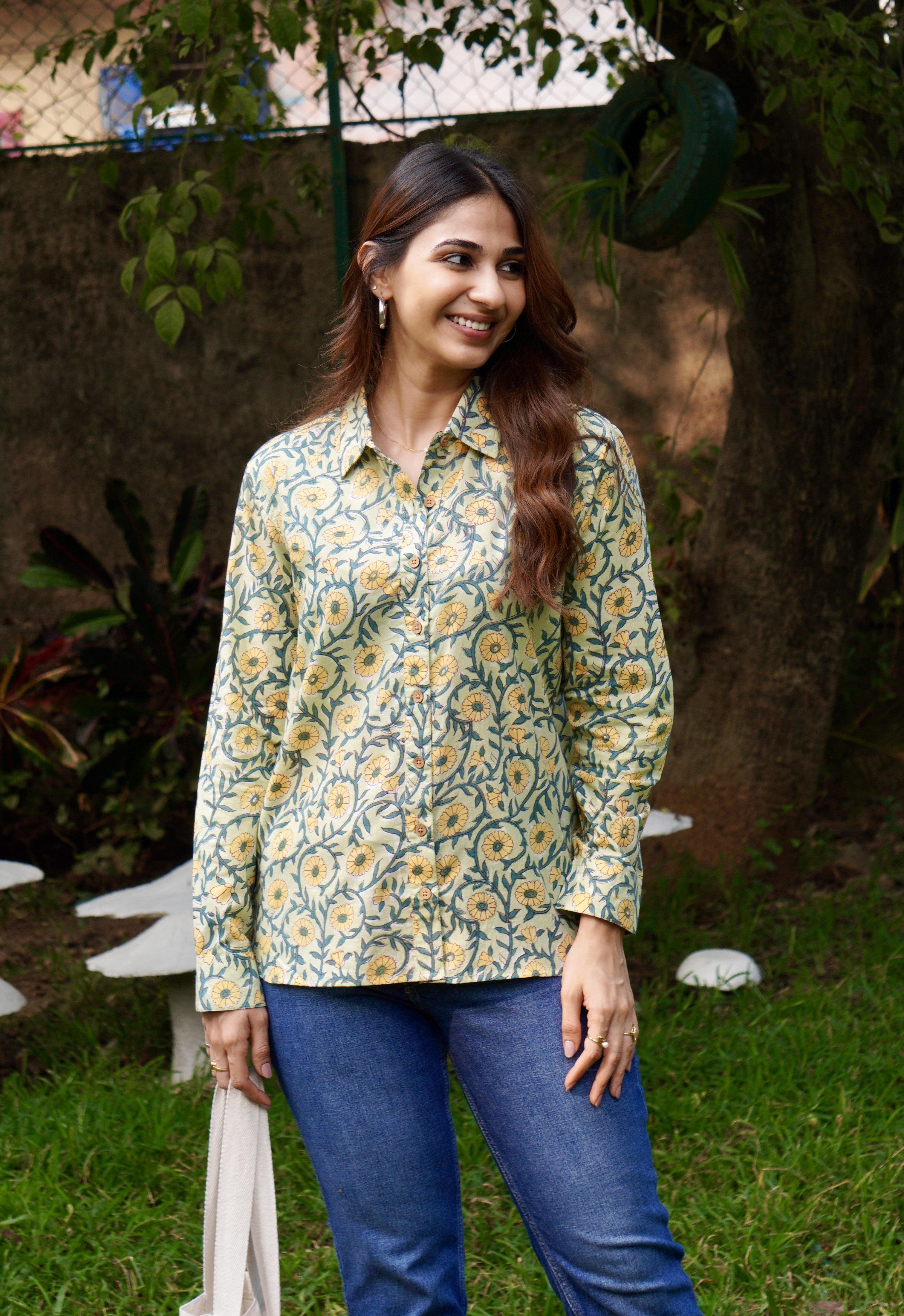 Green Yellow Floral Handblock Shirt