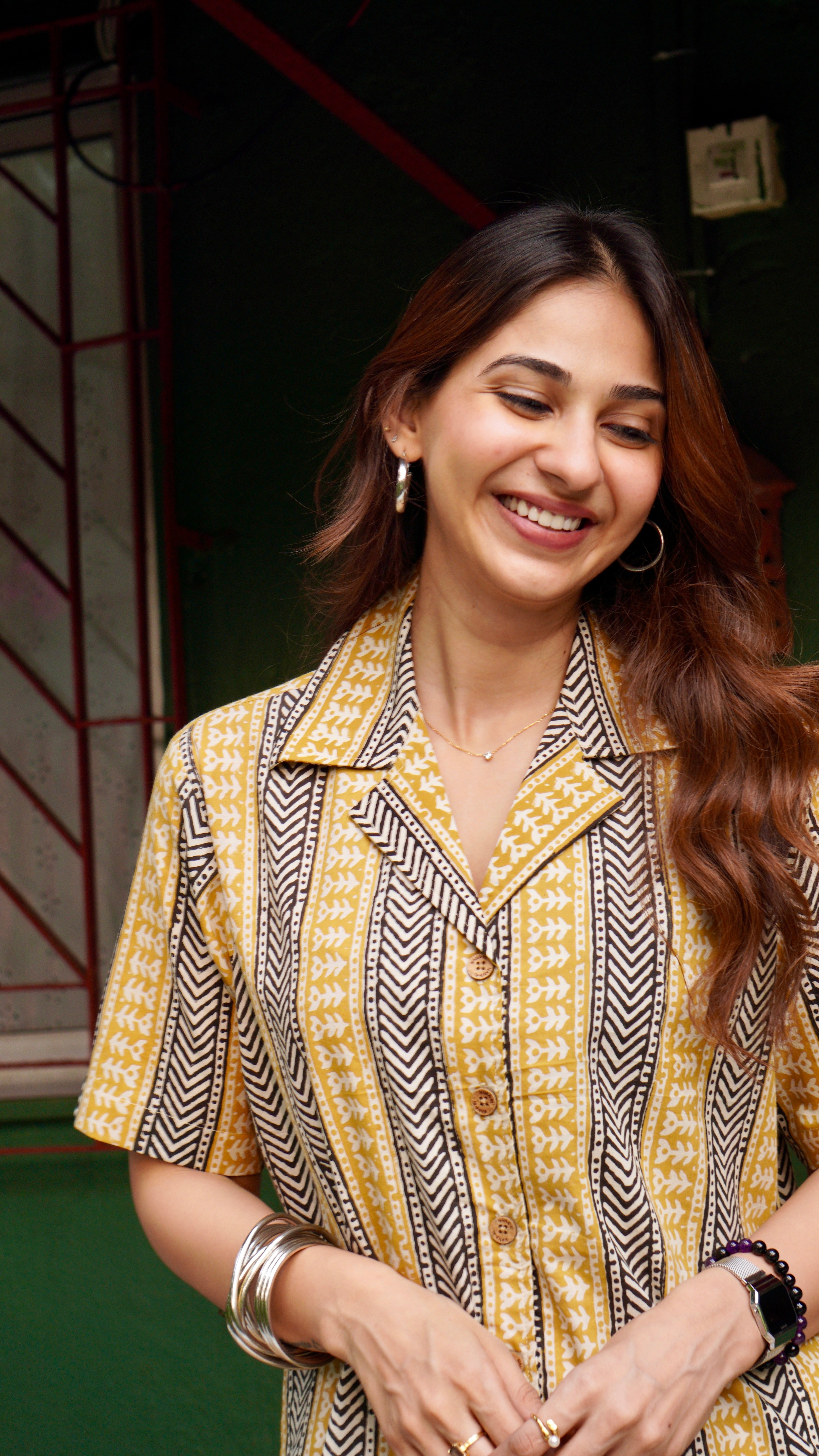 Ajrakh Yellow Stripe Handblock Cotton Shirt Kurti