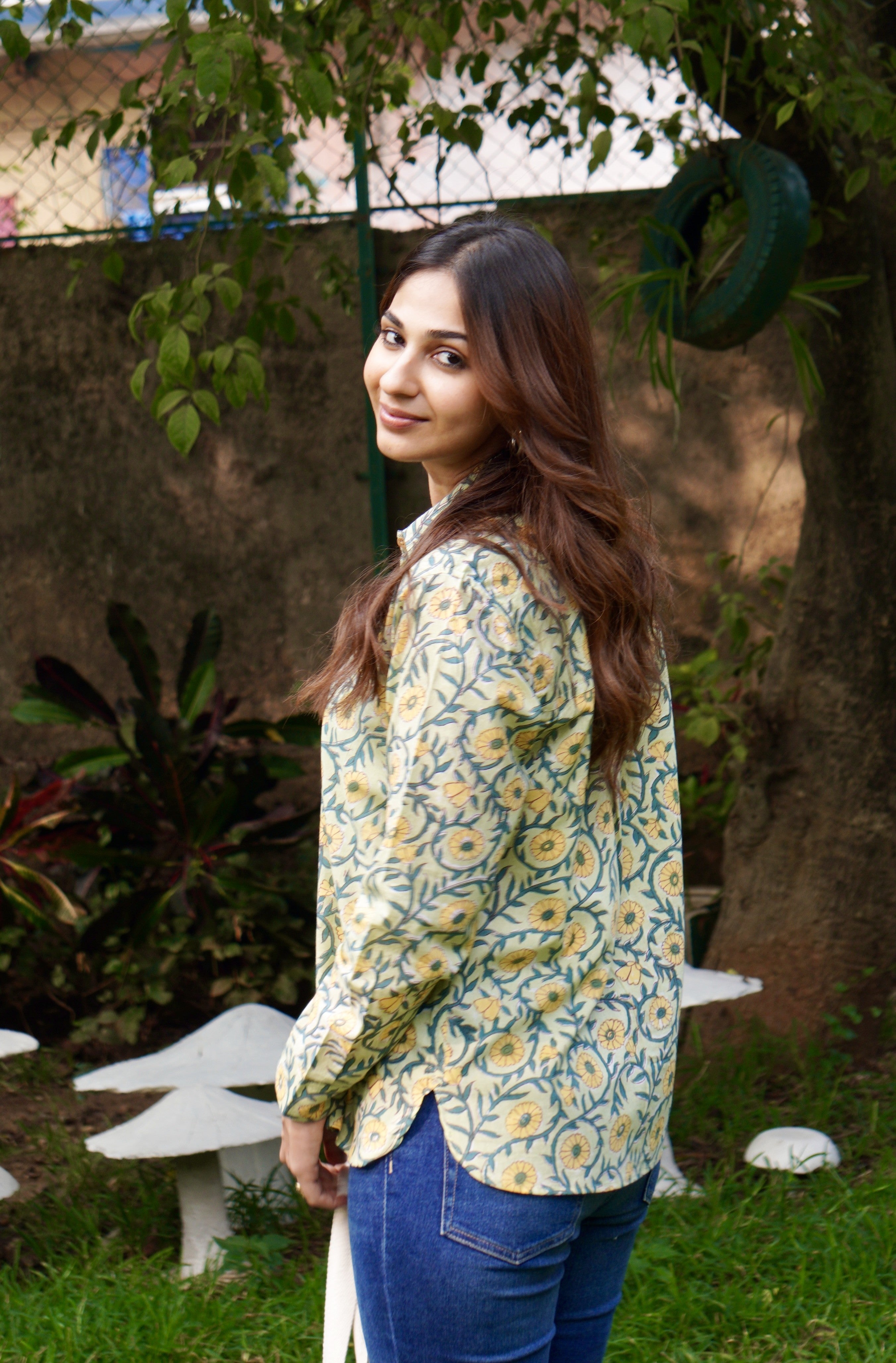 Green Yellow Floral Handblock Shirt