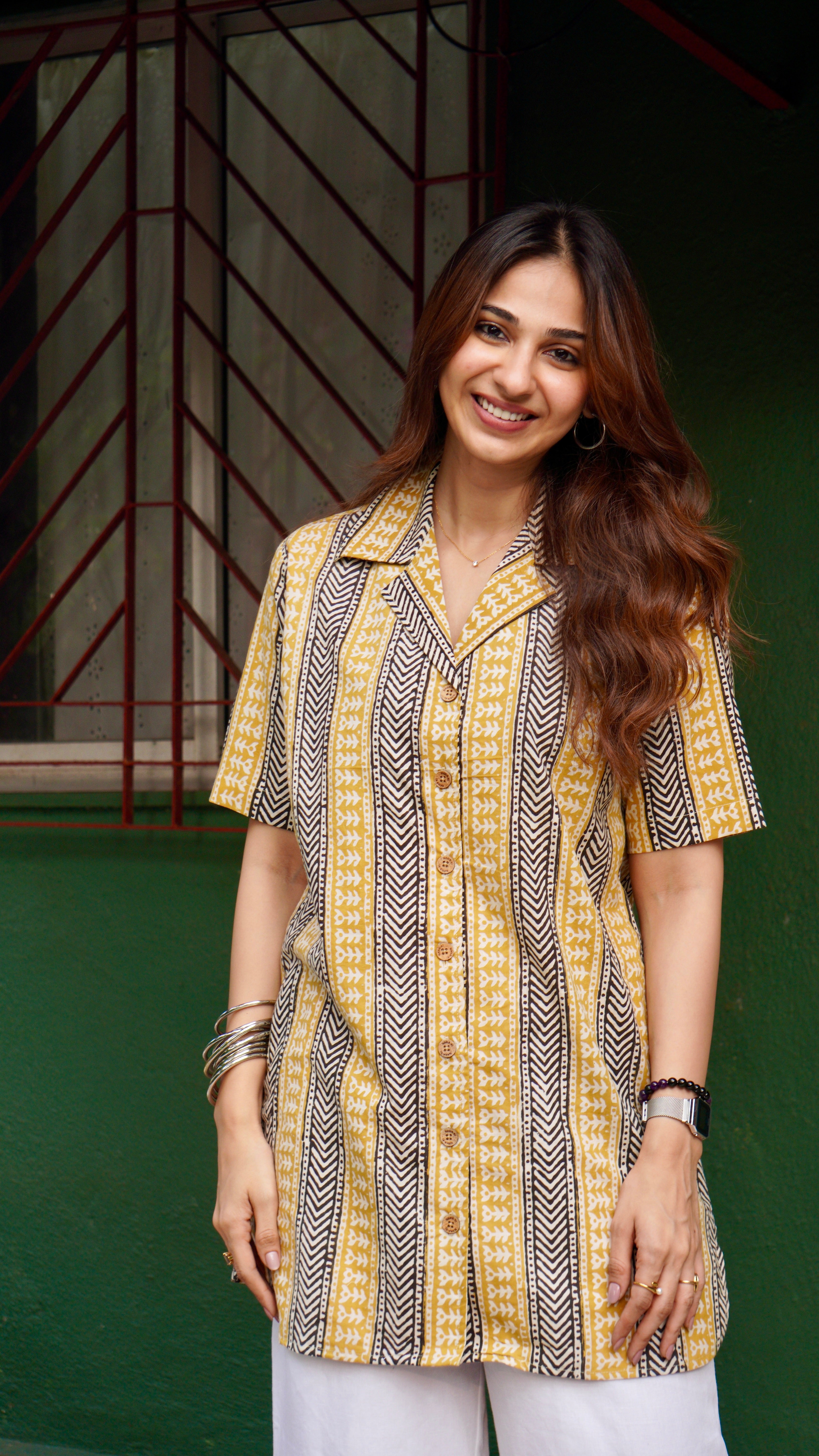 Ajrakh Yellow Stripe Handblock Cotton Shirt Kurti