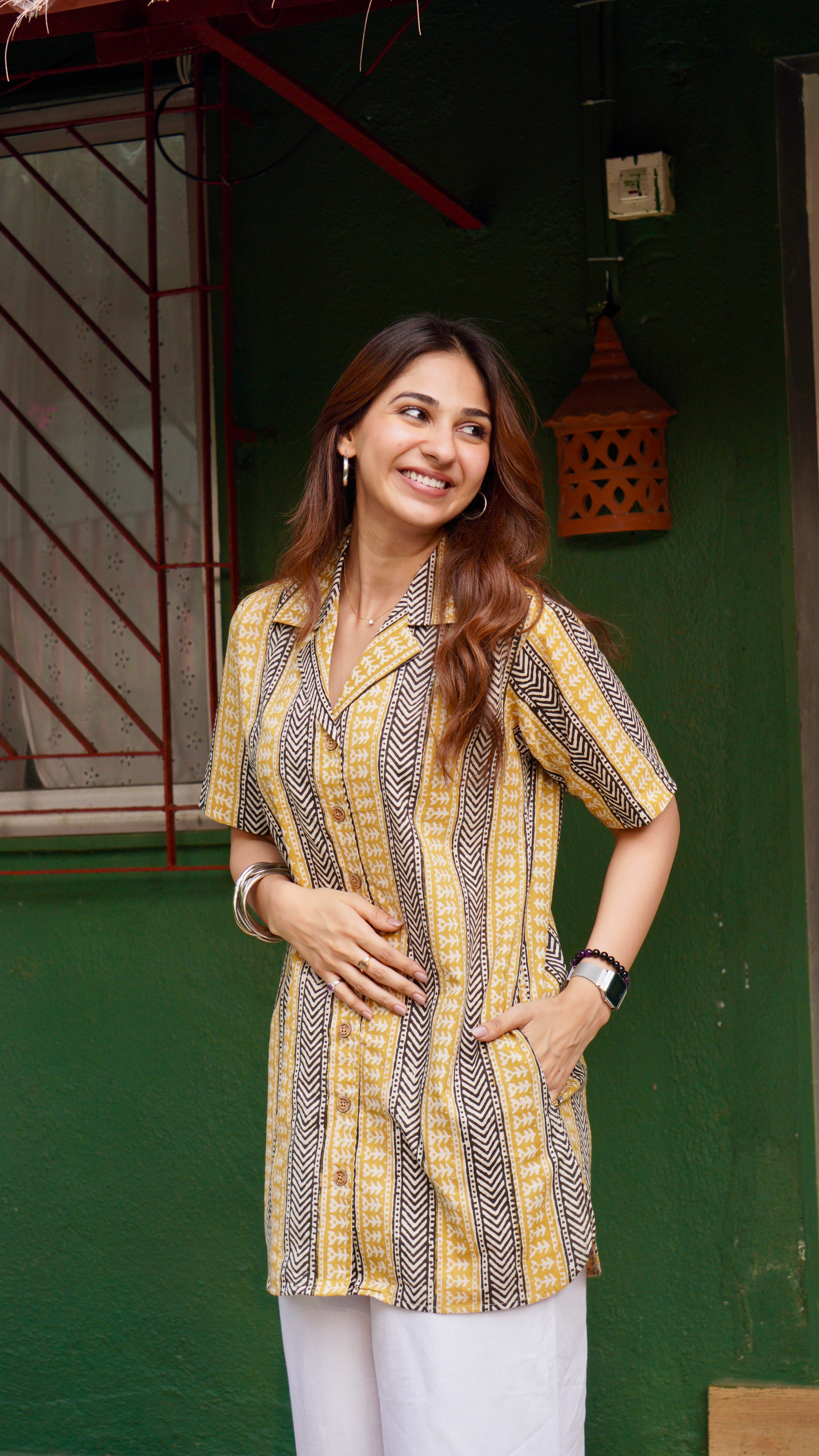 Ajrakh Yellow Stripe Handblock Cotton Shirt Kurti