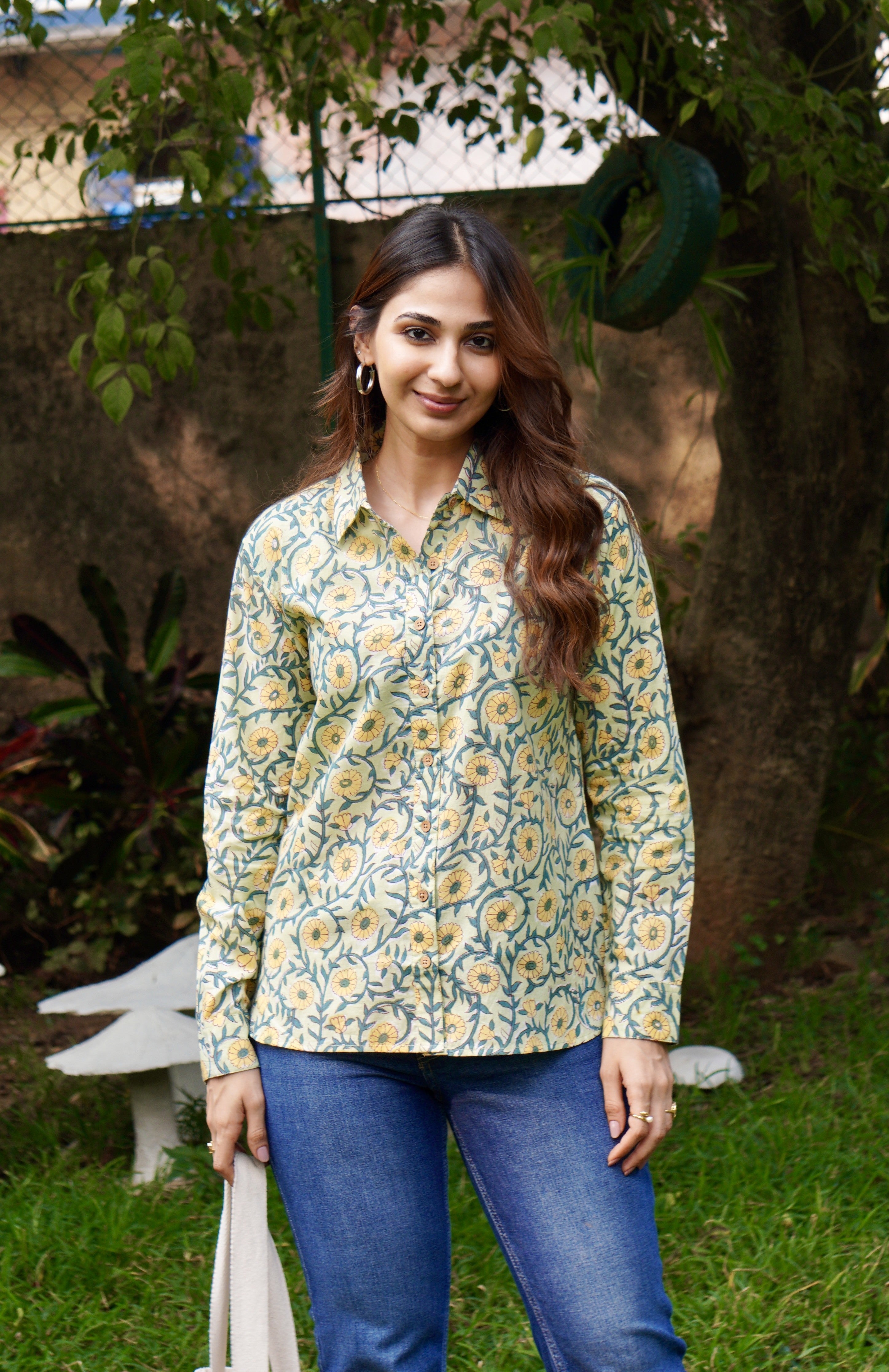 Green Yellow Floral Handblock Shirt