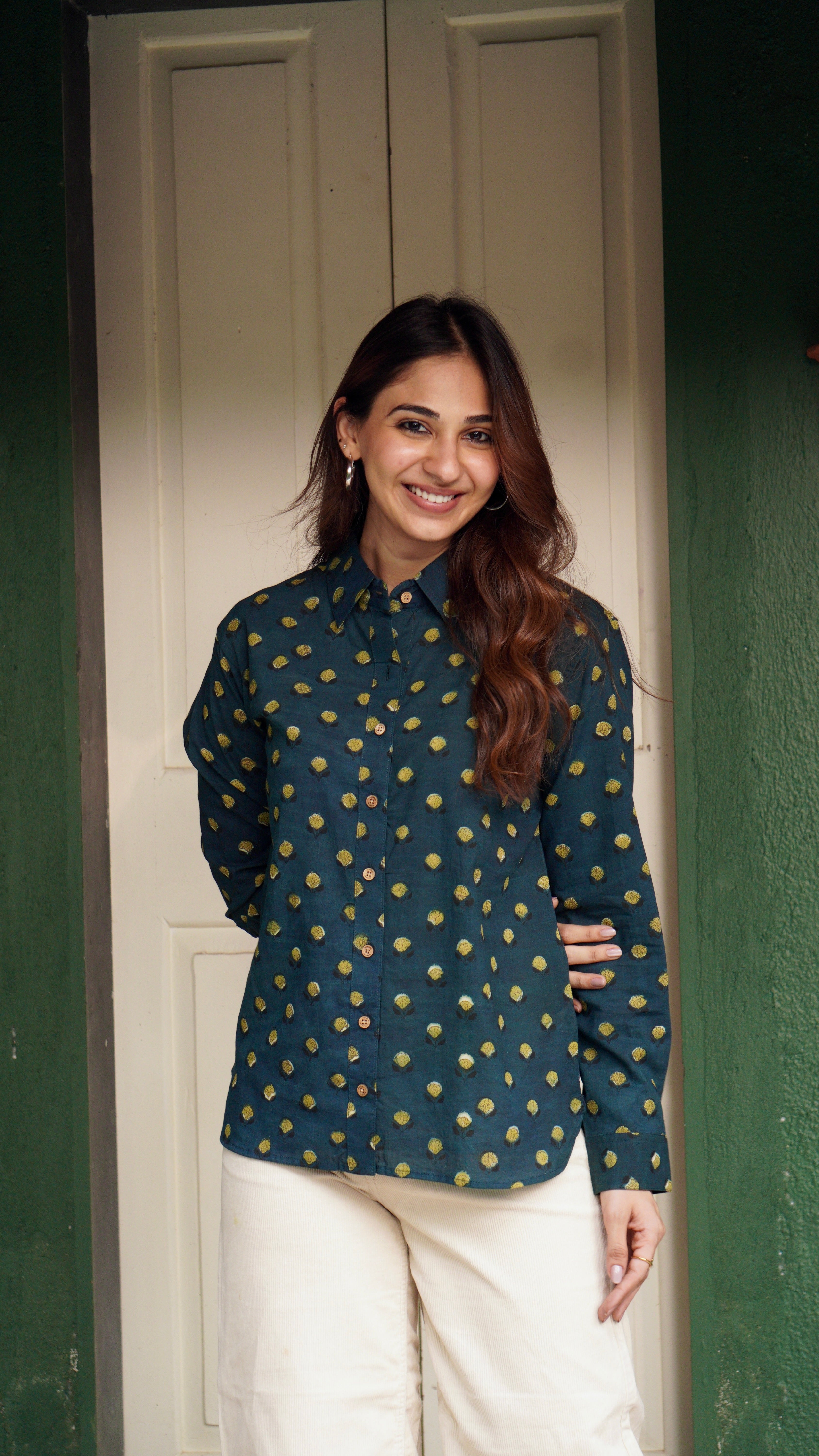 Bottle Green Floral Handblock Cotton Shirt