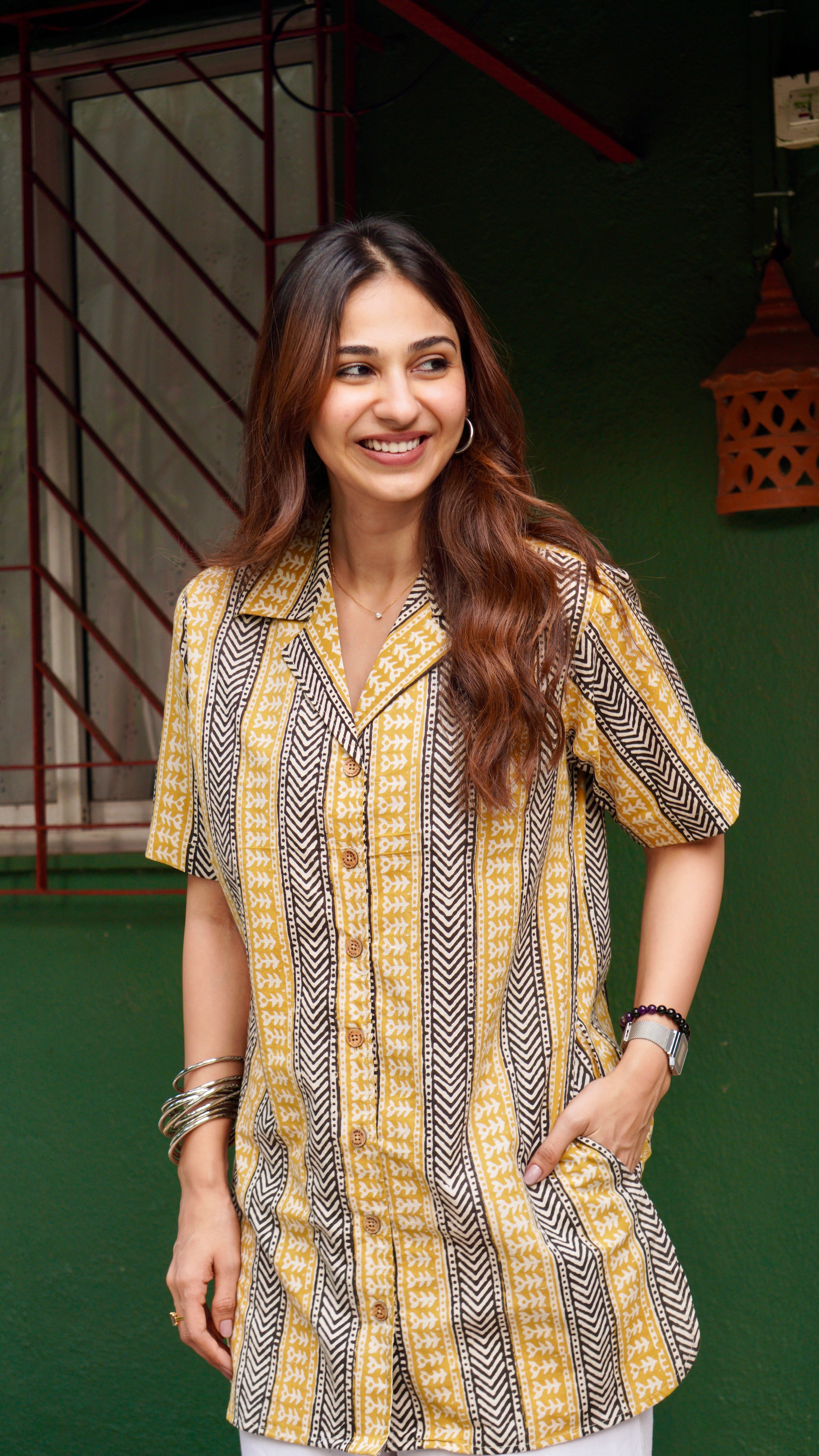 Ajrakh Yellow Stripe Handblock Cotton Shirt Kurti