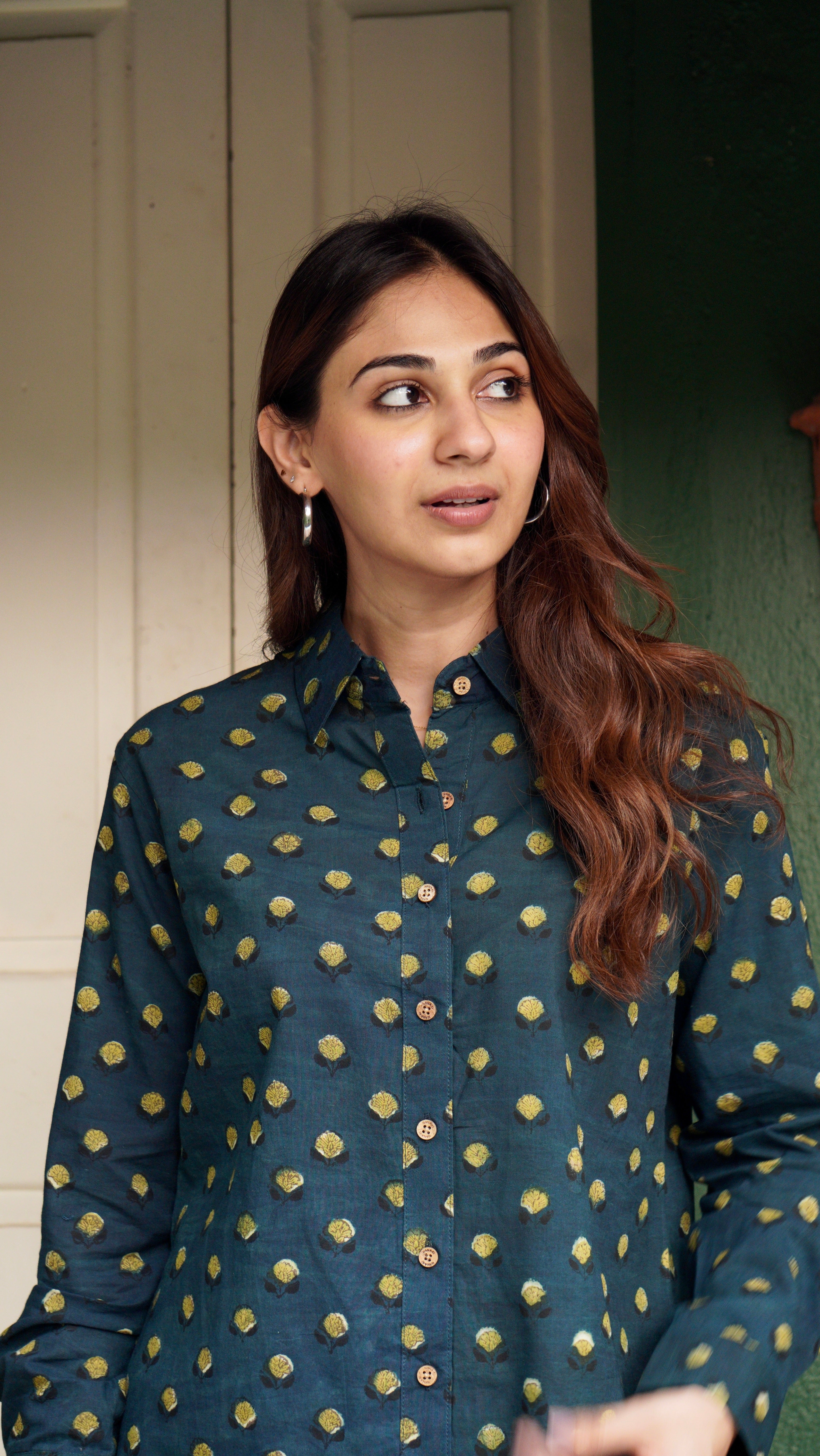 Bottle Green Floral Handblock Cotton Shirt