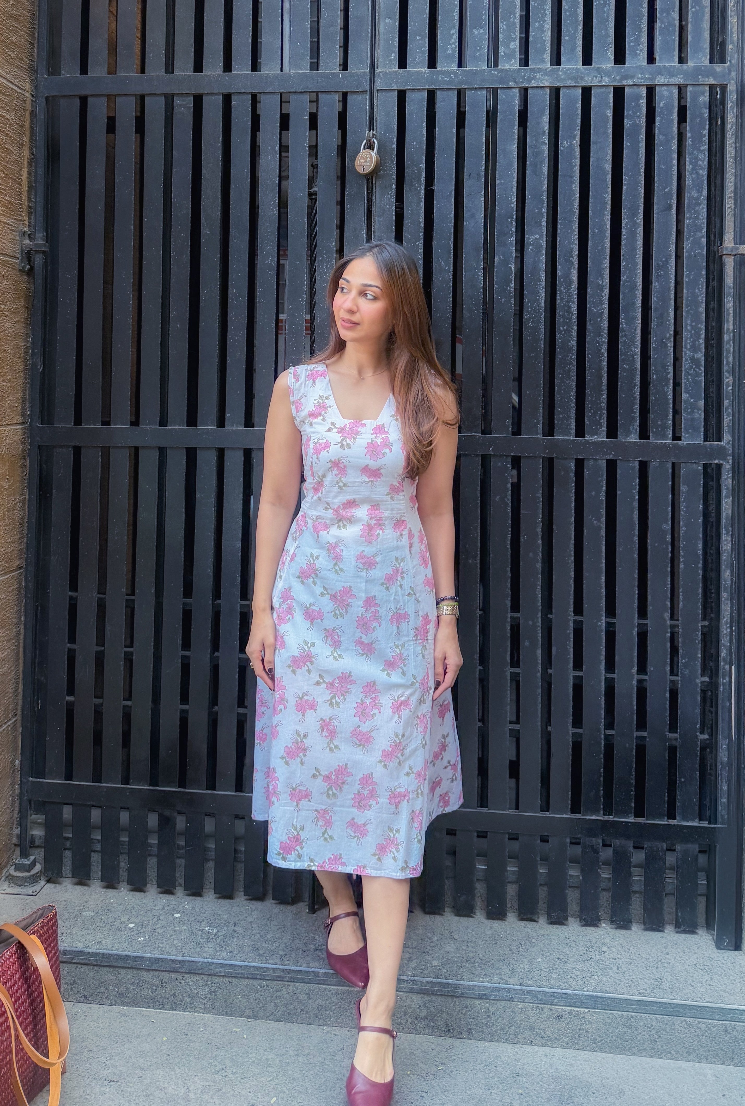 Pink Floral Sanganeri Cotton Corset Dress