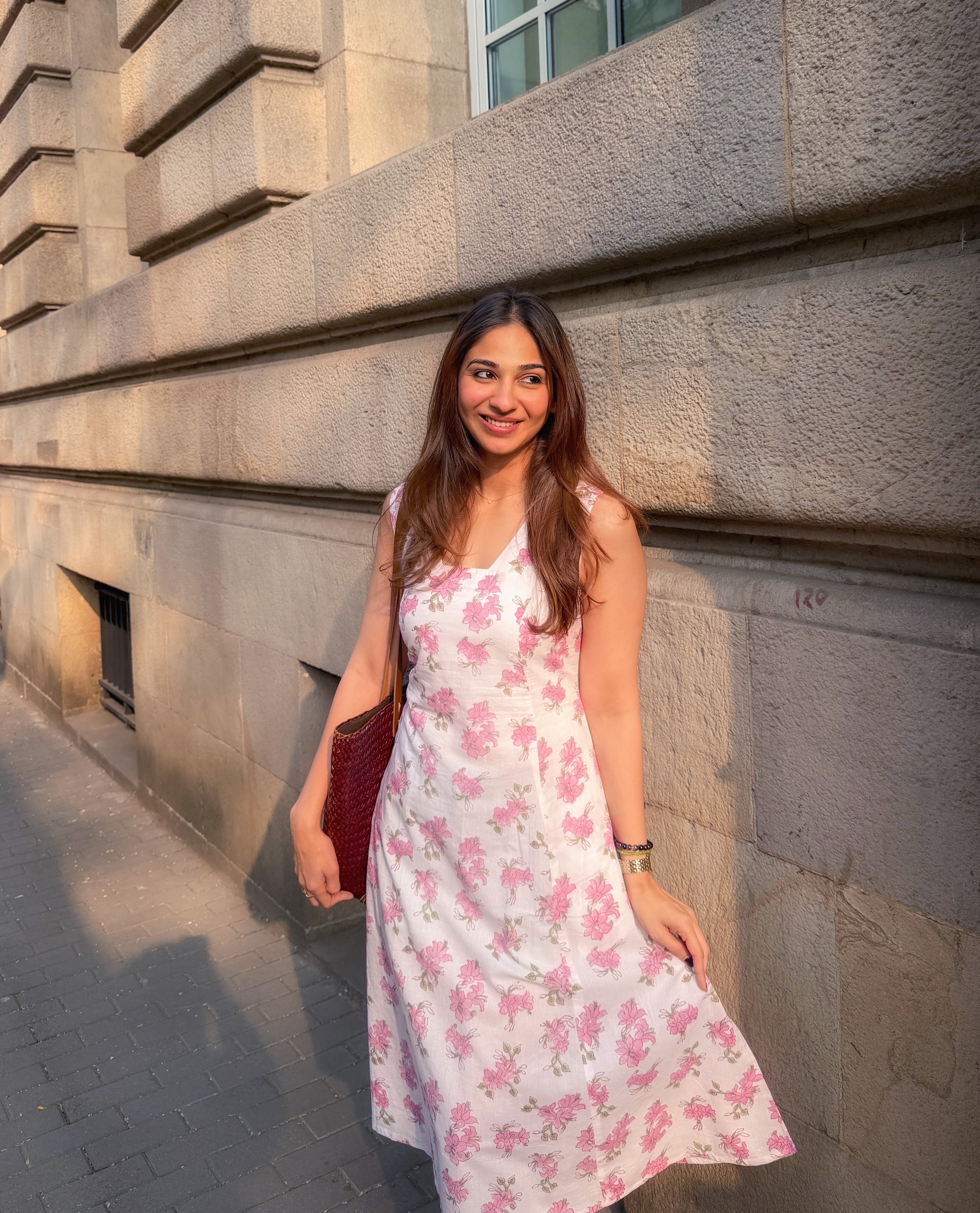 Pink Floral Sanganeri Cotton Corset Dress