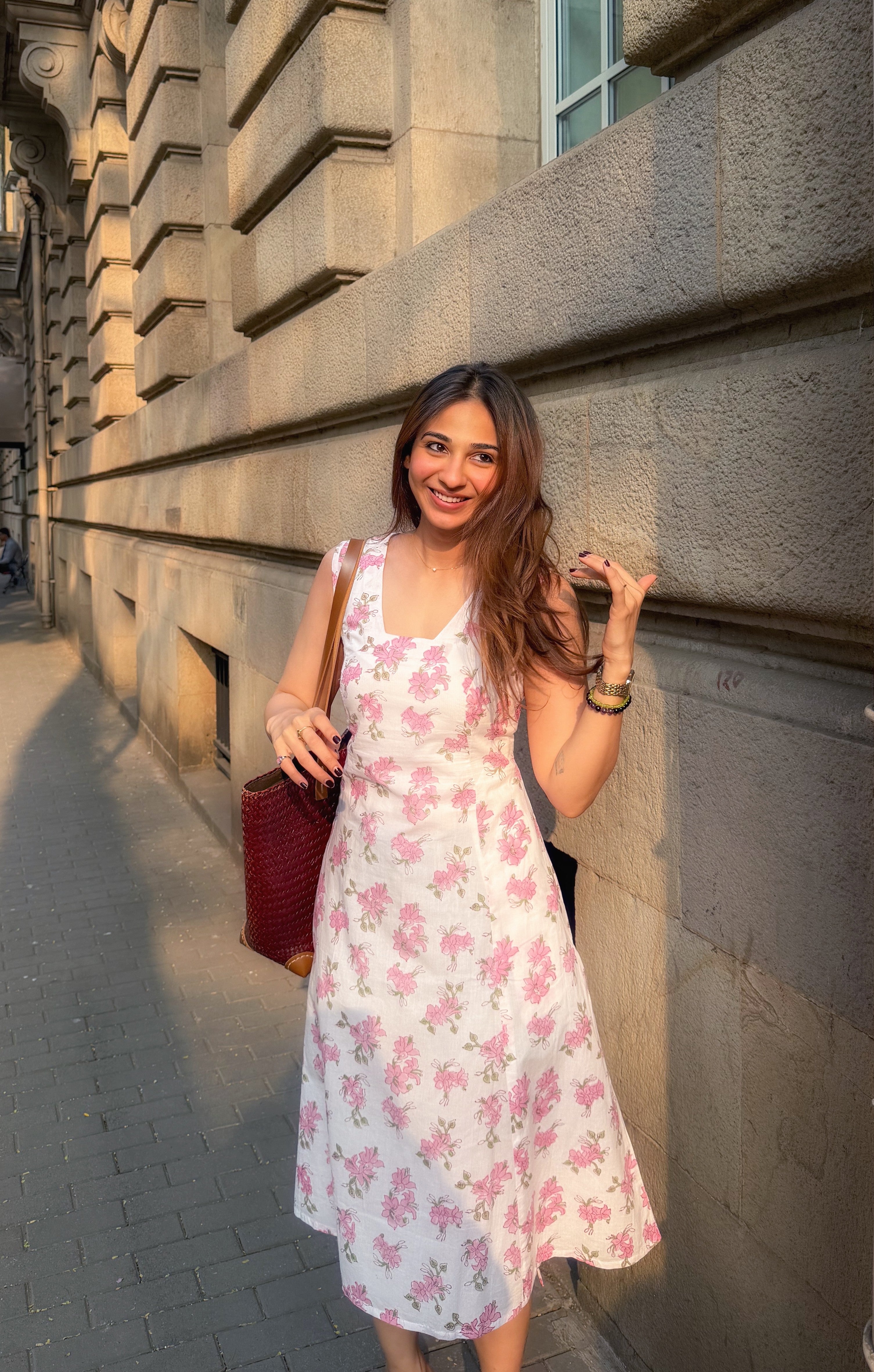 Pink Floral Sanganeri Cotton Corset Dress