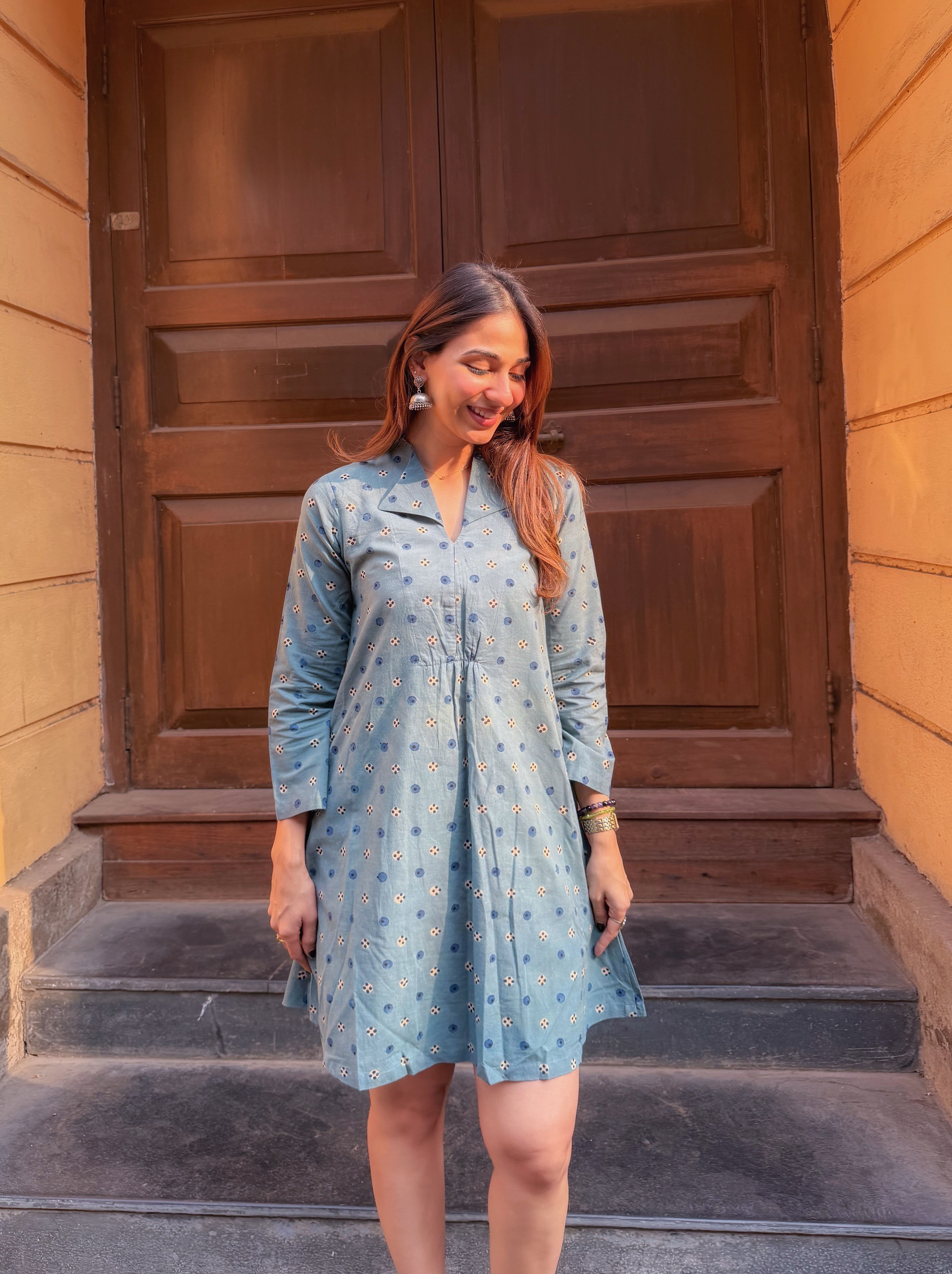 Indigo Ajrakh Cotton A Line Dress