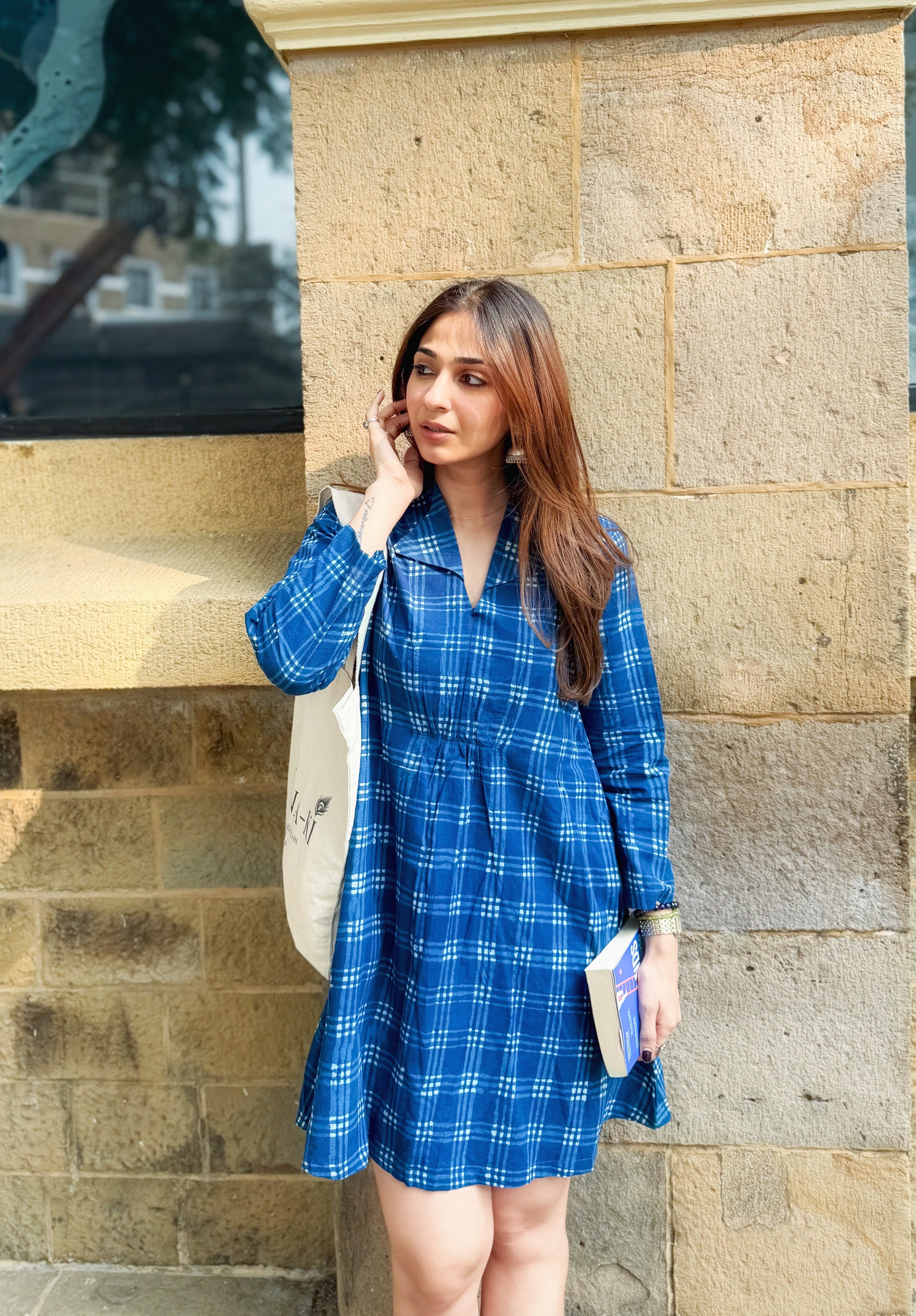 Indigo Checks Block Print Cotton A Line Dress