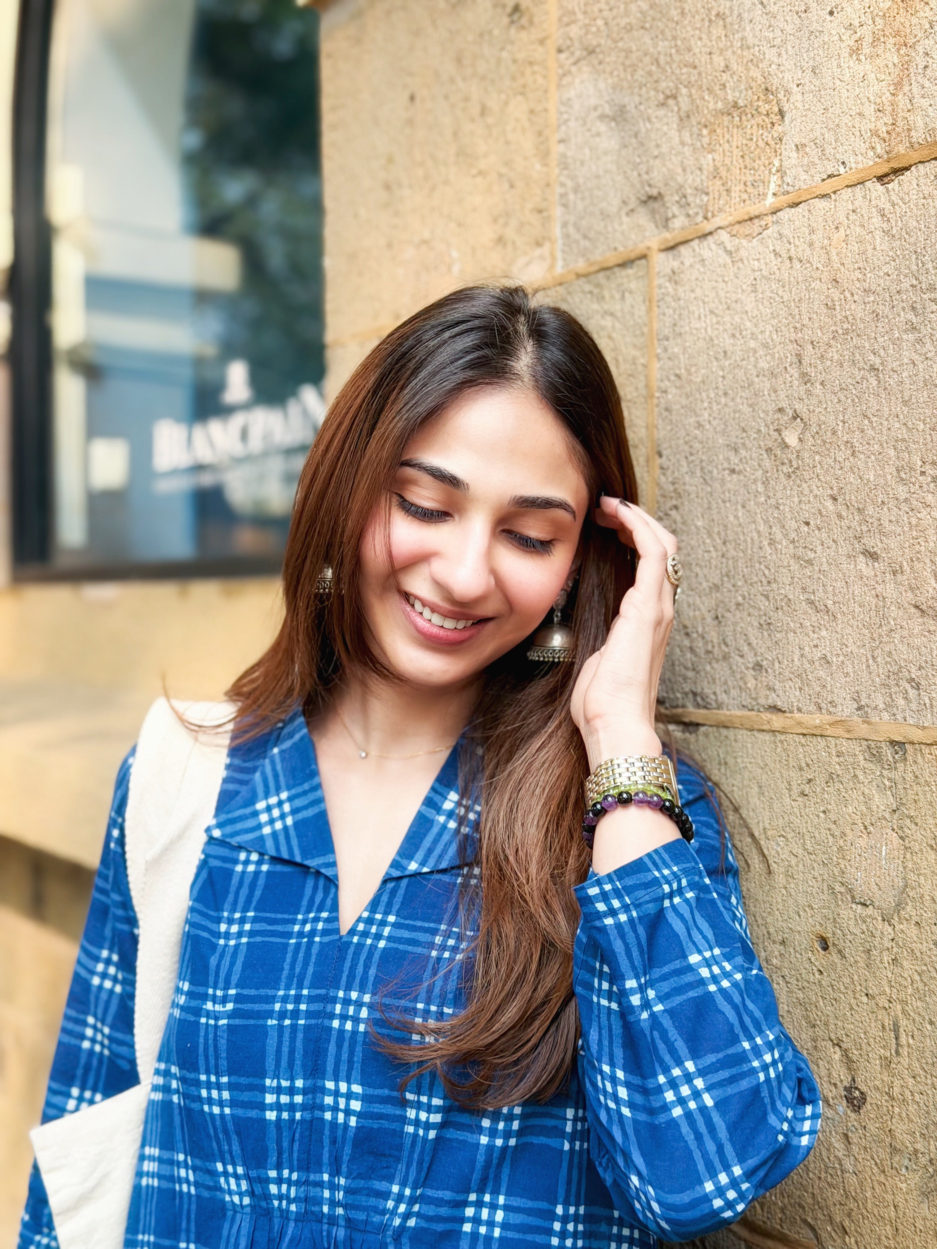 Indigo Checks Block Print Cotton A Line Dress