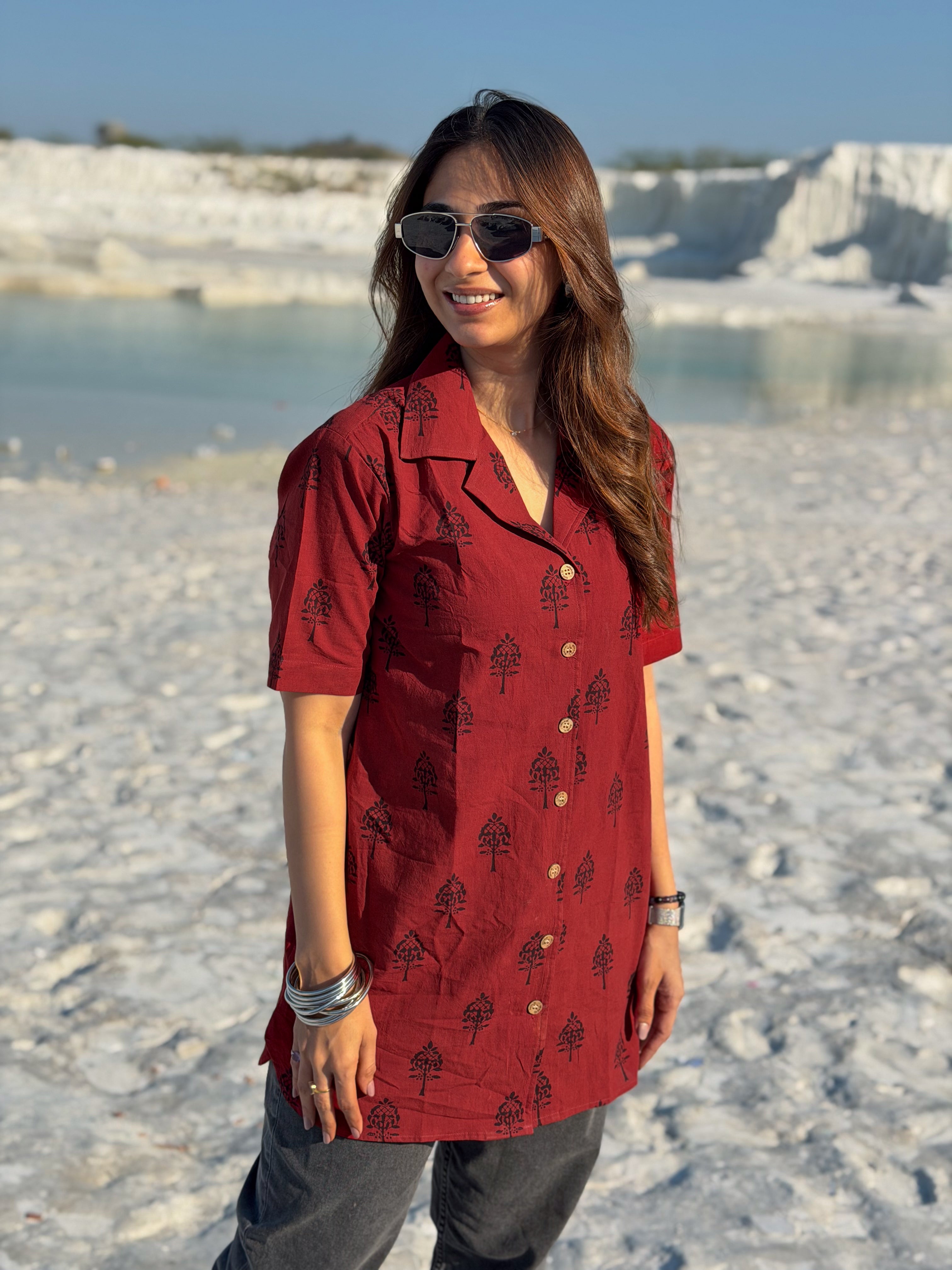 Laal Ajrakh Floral Handblock Cotton Shirt Kurti