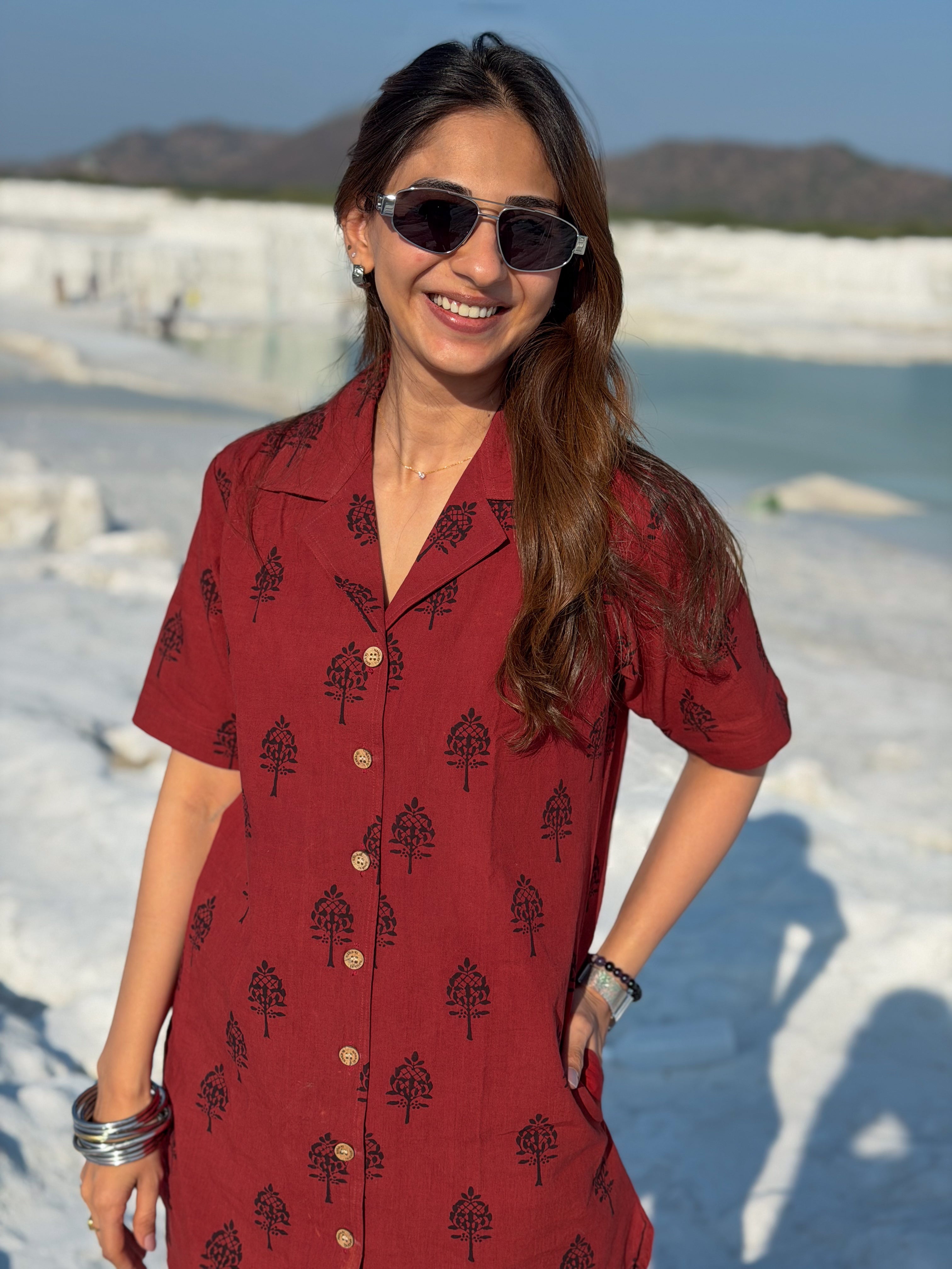 Laal Ajrakh Floral Handblock Cotton Shirt Kurti