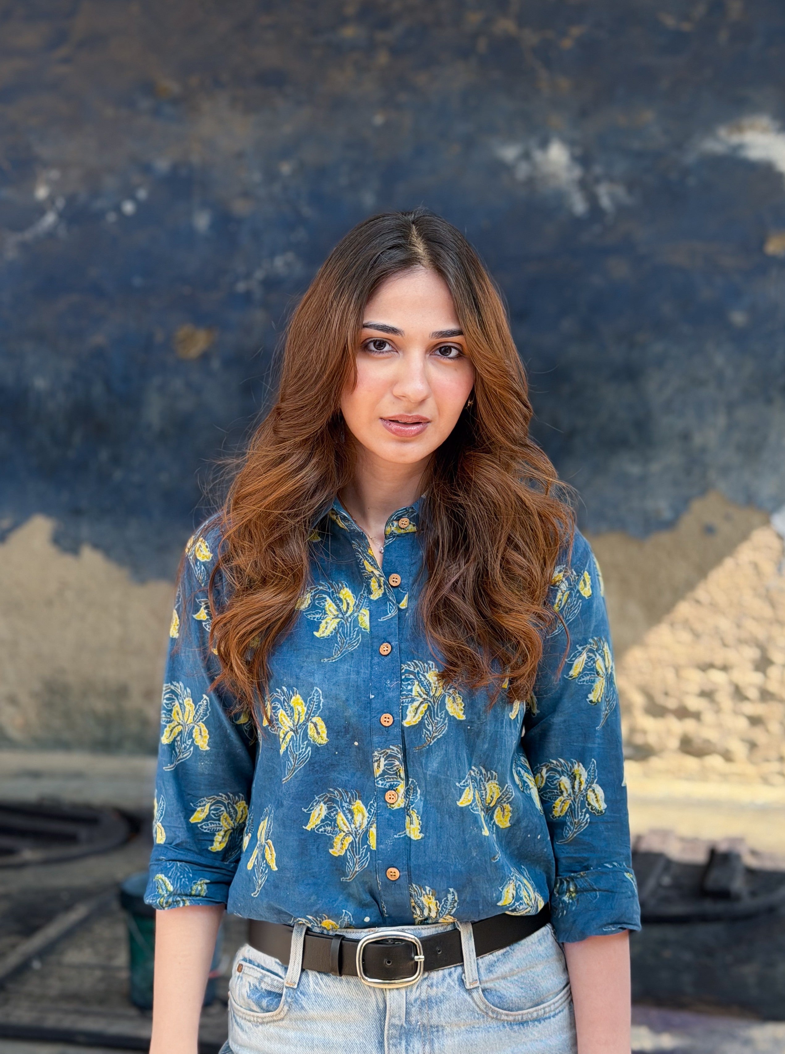 Indigo Bagru Floral Block Print Cotton Shirt