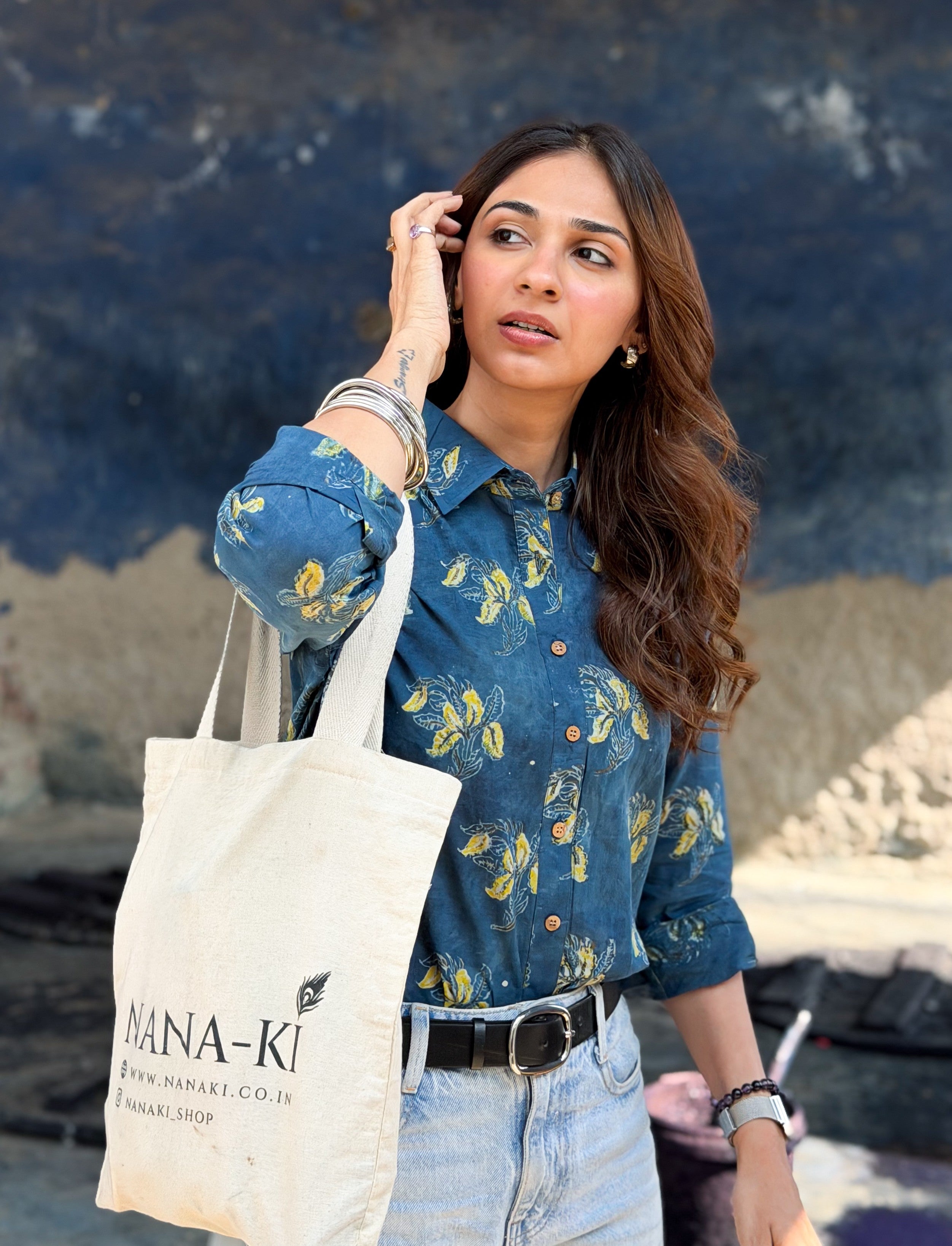 Indigo Bagru Floral Block Print Cotton Shirt