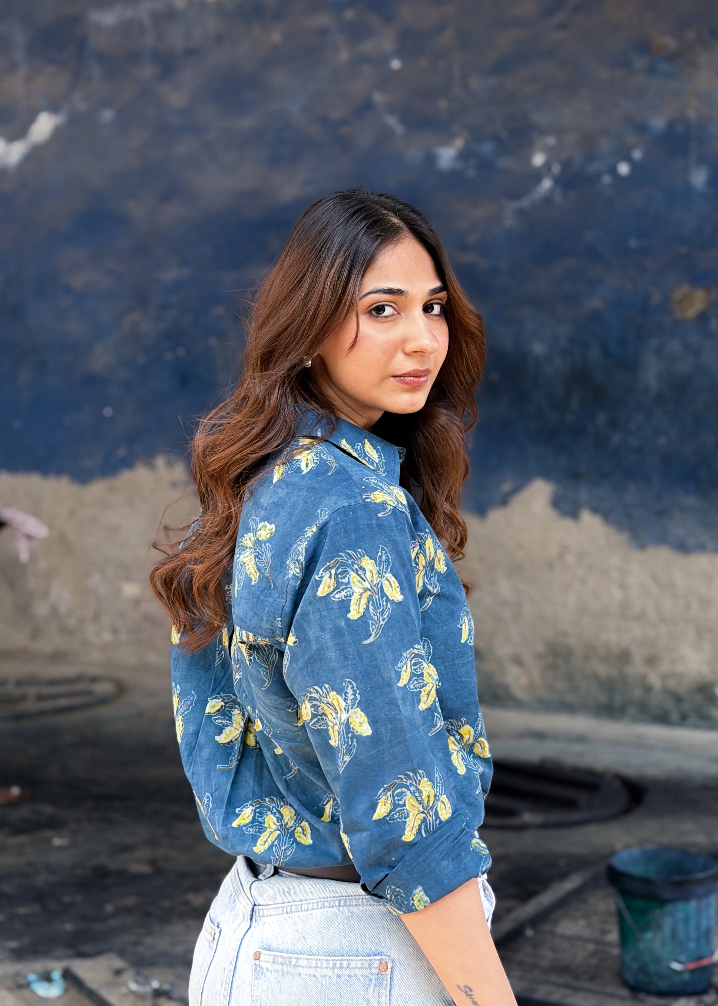 Indigo Bagru Floral Block Print Cotton Shirt