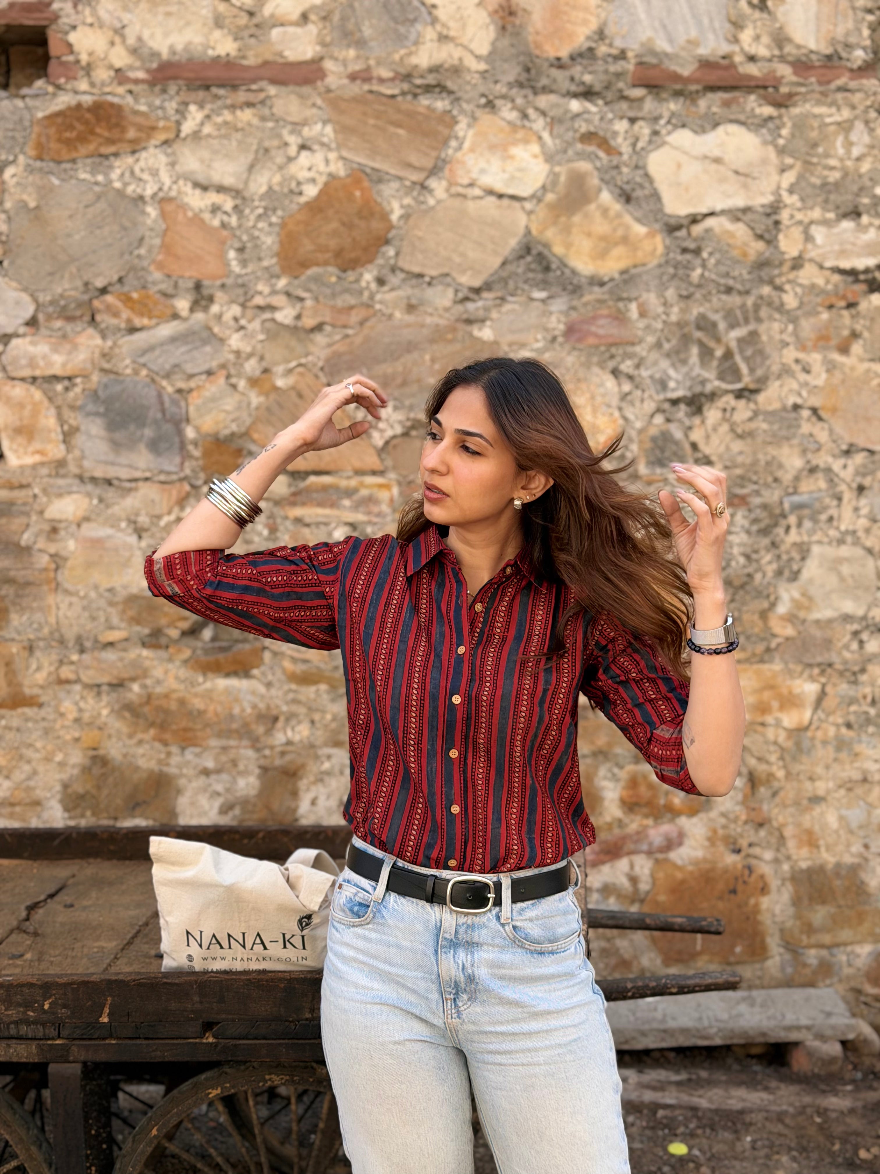 Red Ajrakh Stripe Handblock Cotton Shirt