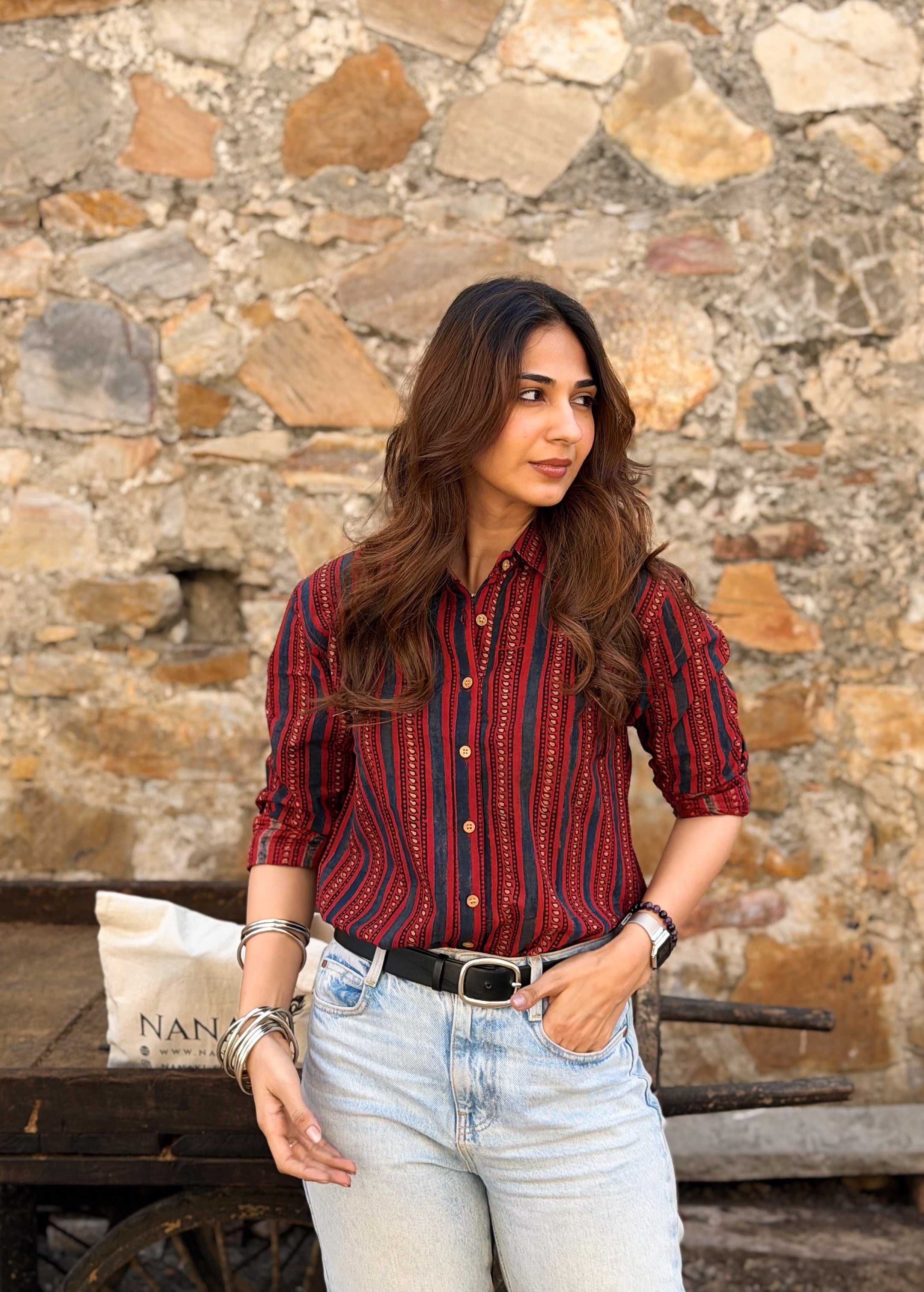 Red Ajrakh Stripe Handblock Cotton Shirt