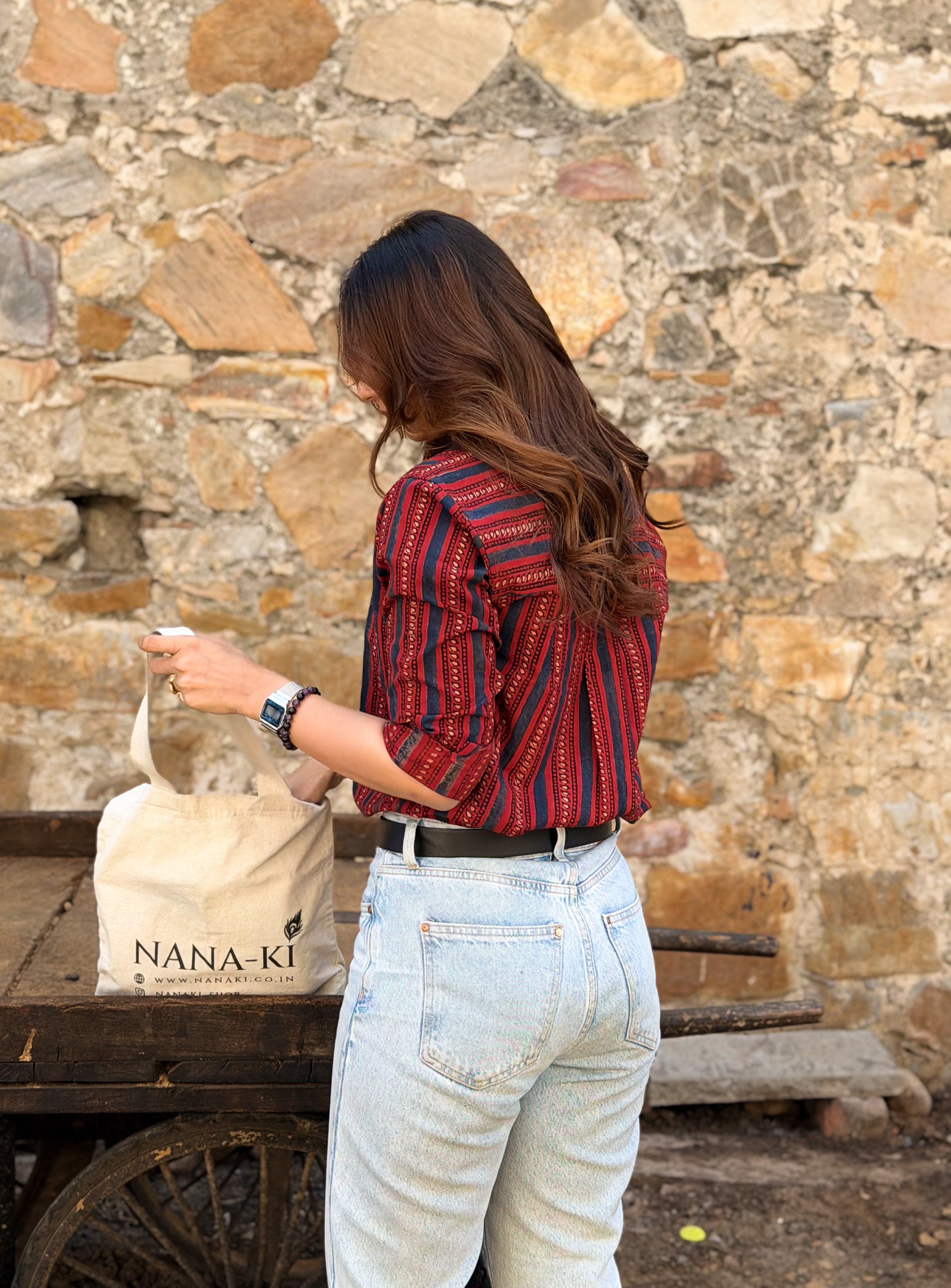 Red Ajrakh Stripe Handblock Cotton Shirt