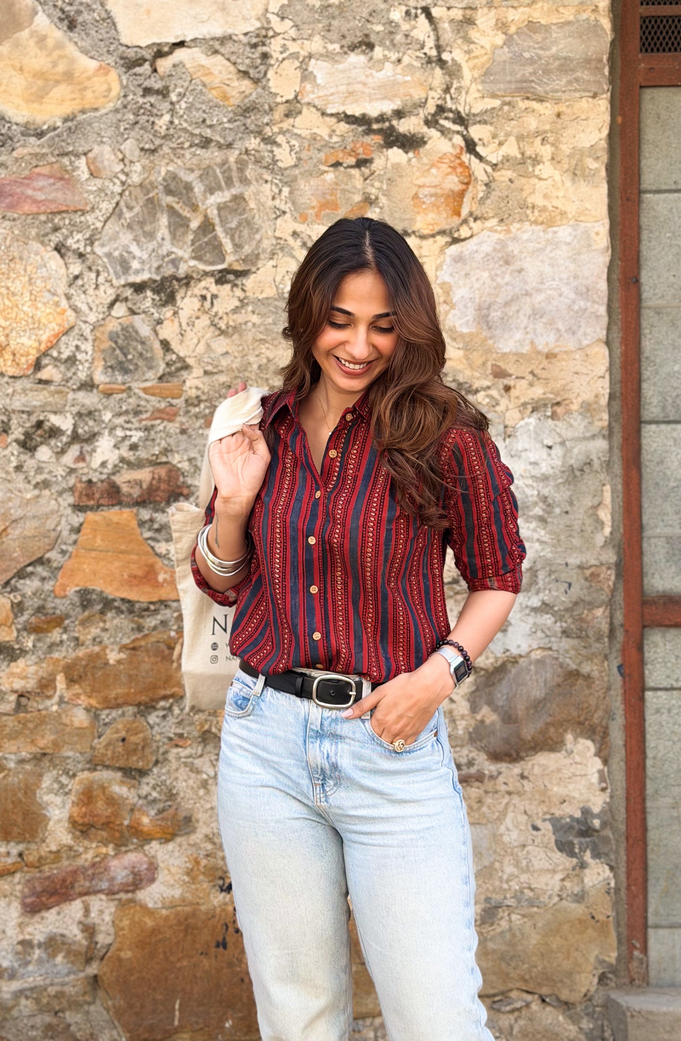 Red Ajrakh Stripe Handblock Cotton Shirt