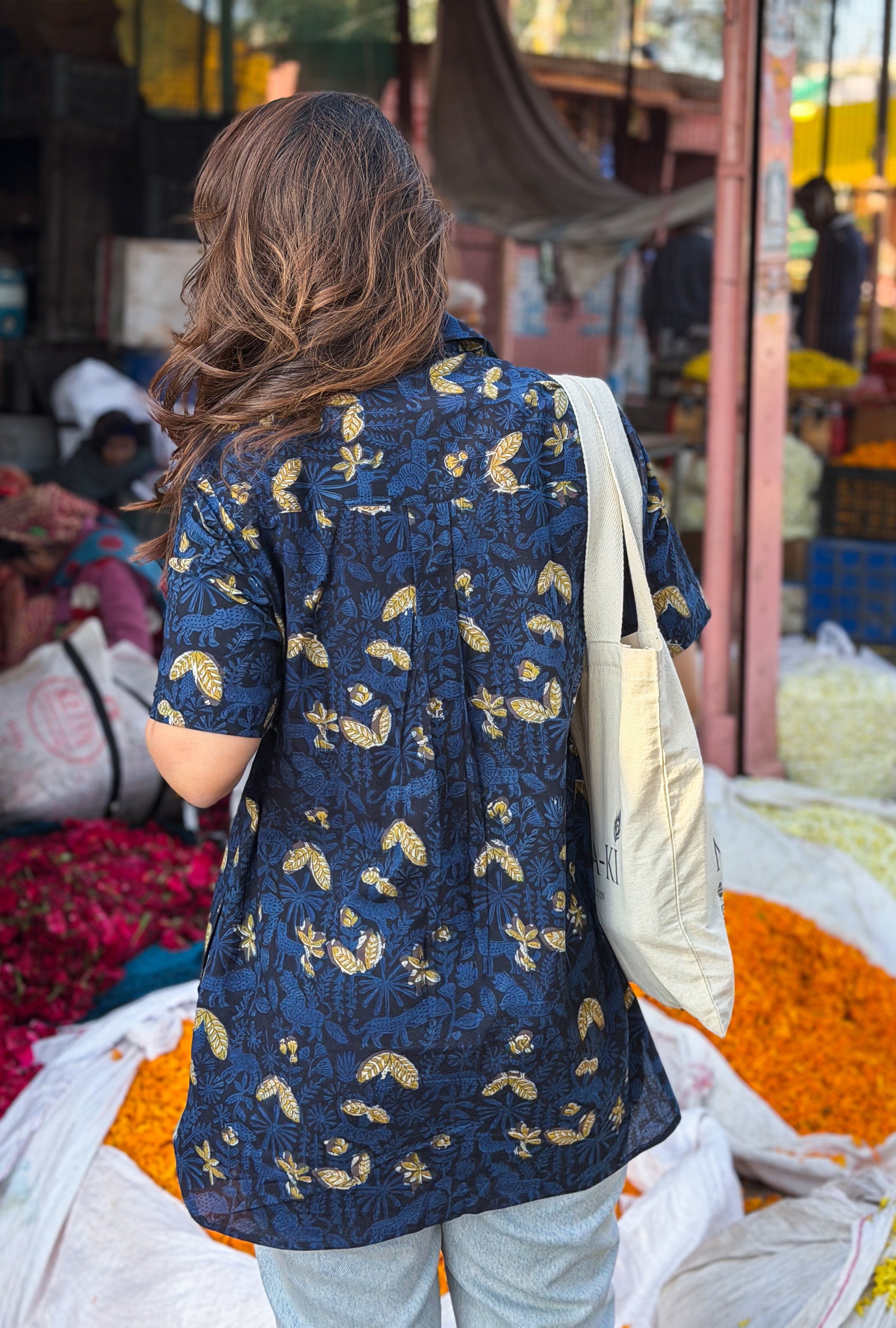Navy Gold Floral Handblock Cotton Shirt Kurti