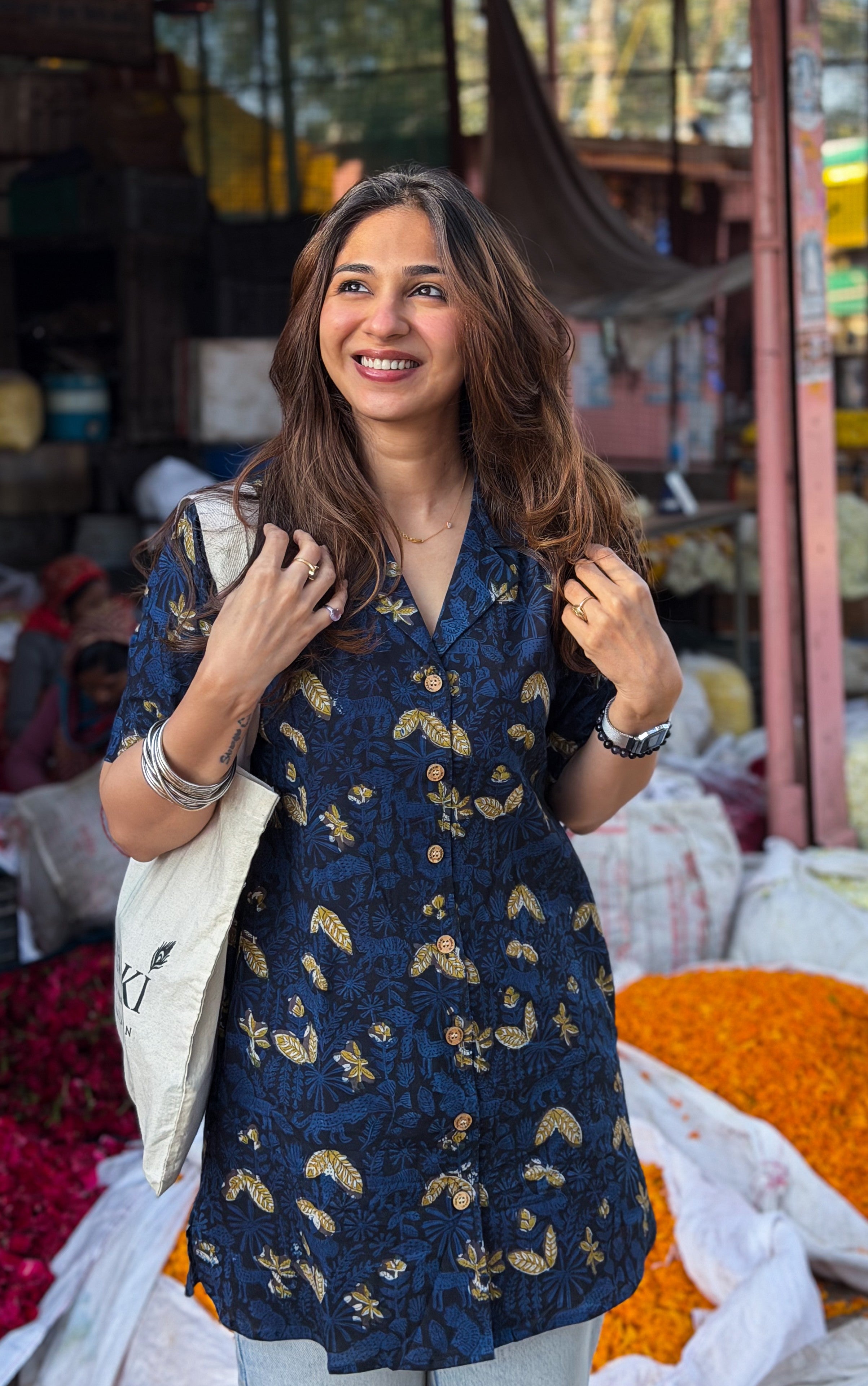 Navy Gold Floral Handblock Cotton Shirt Kurti