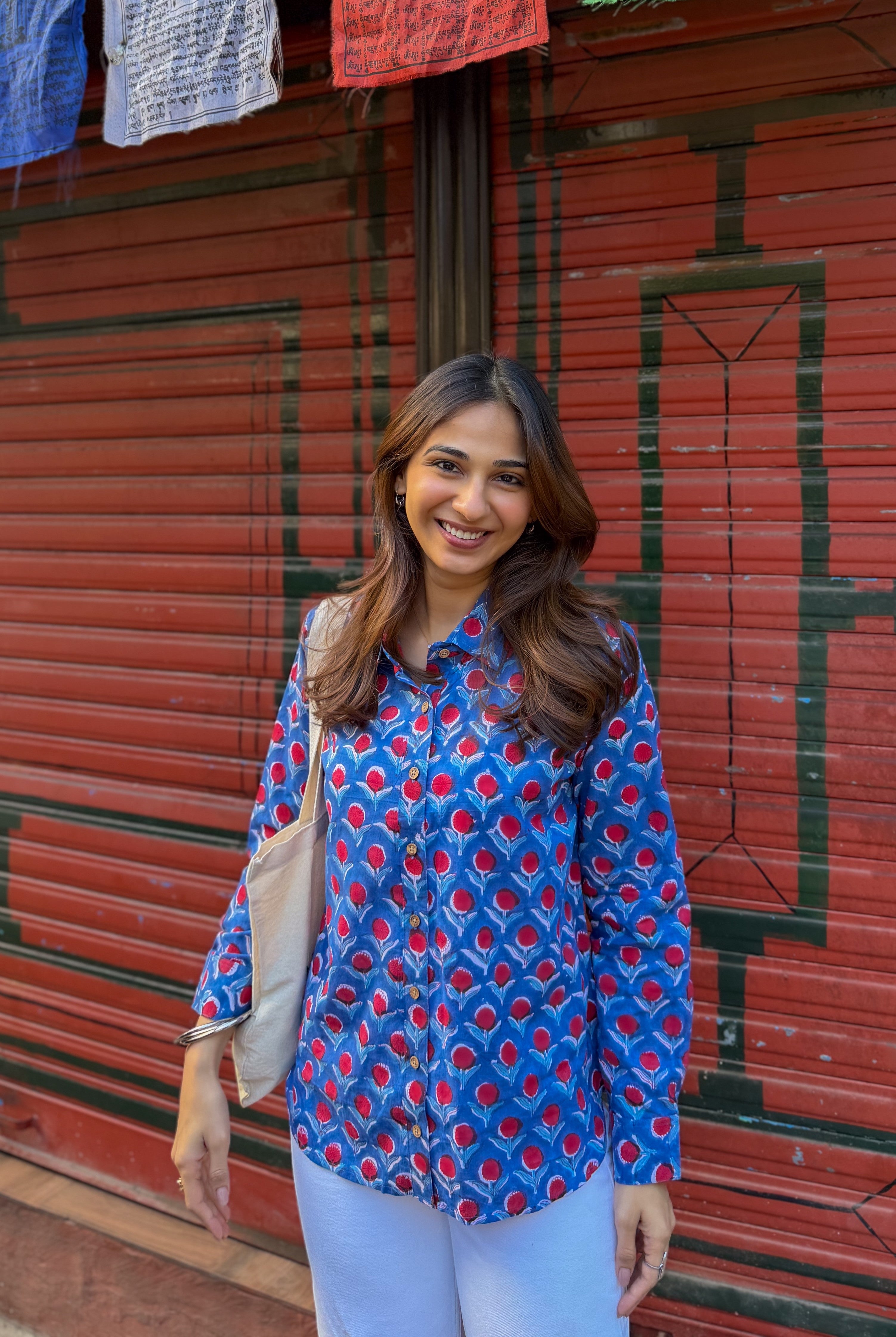 Blue Cherry Handblock Cotton Shirt