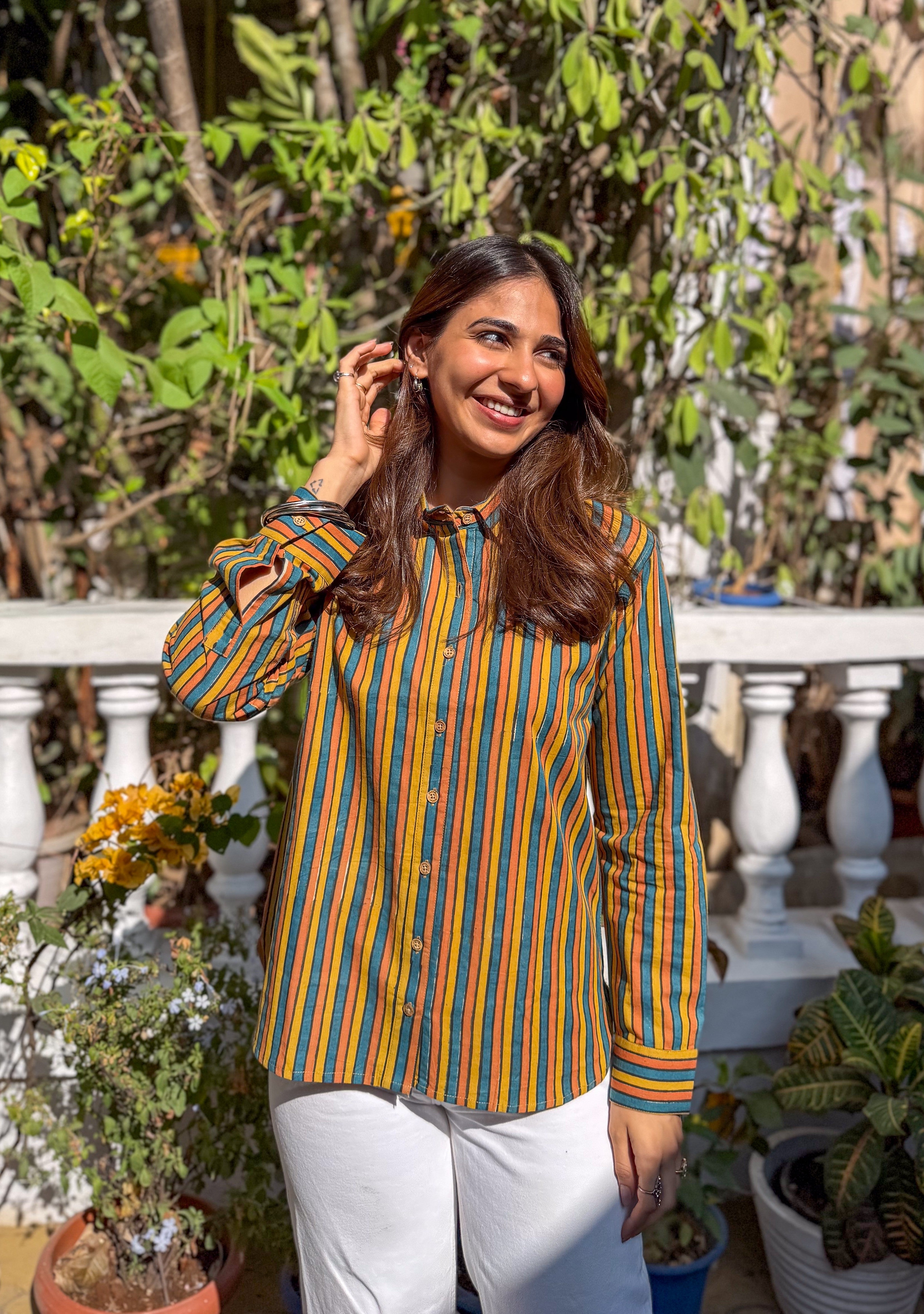 Jaipuri Rangeen Stripe Handblock Cotton Shirt