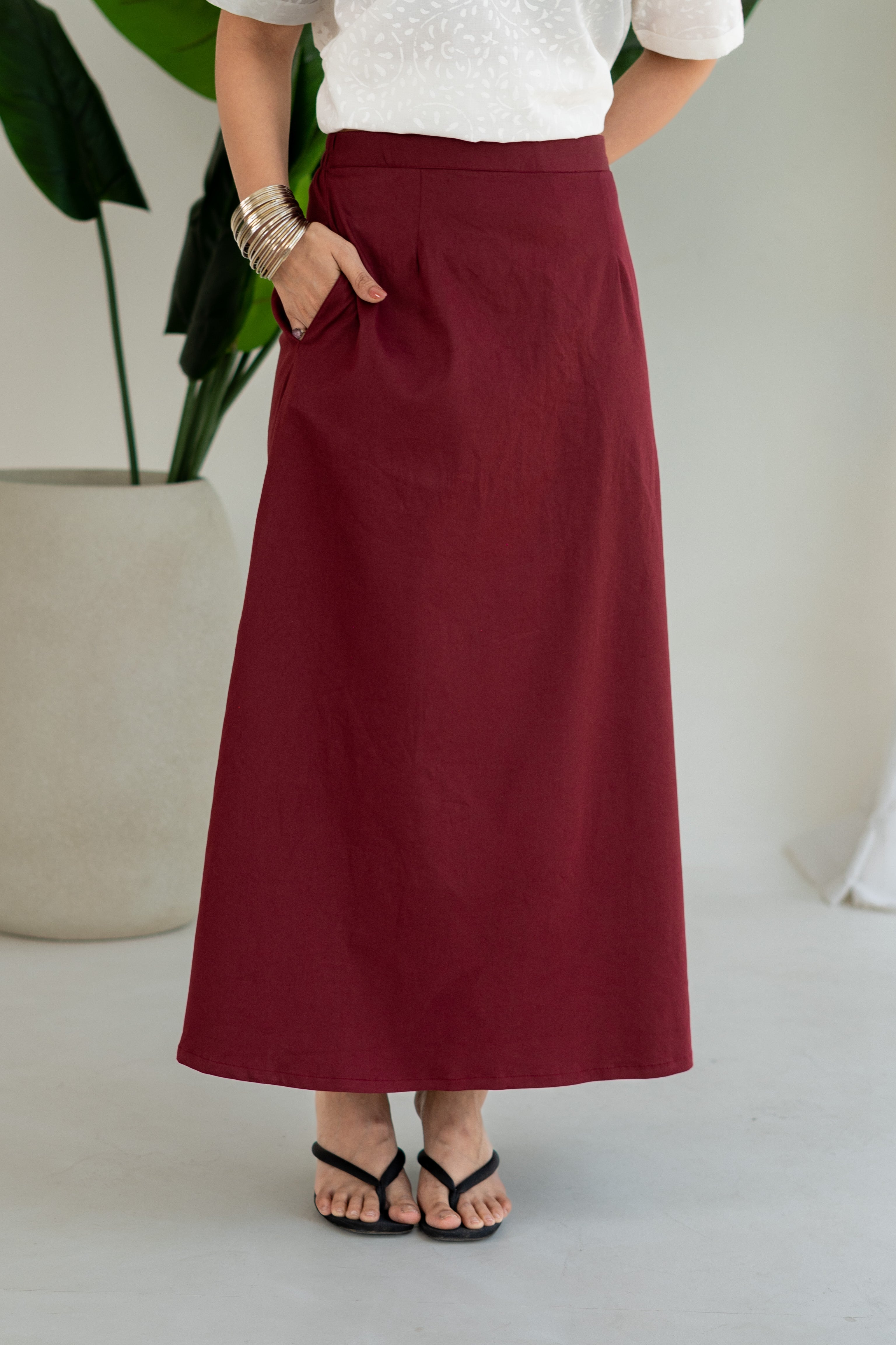 Maroon Cotton Poly Stretch Skirt