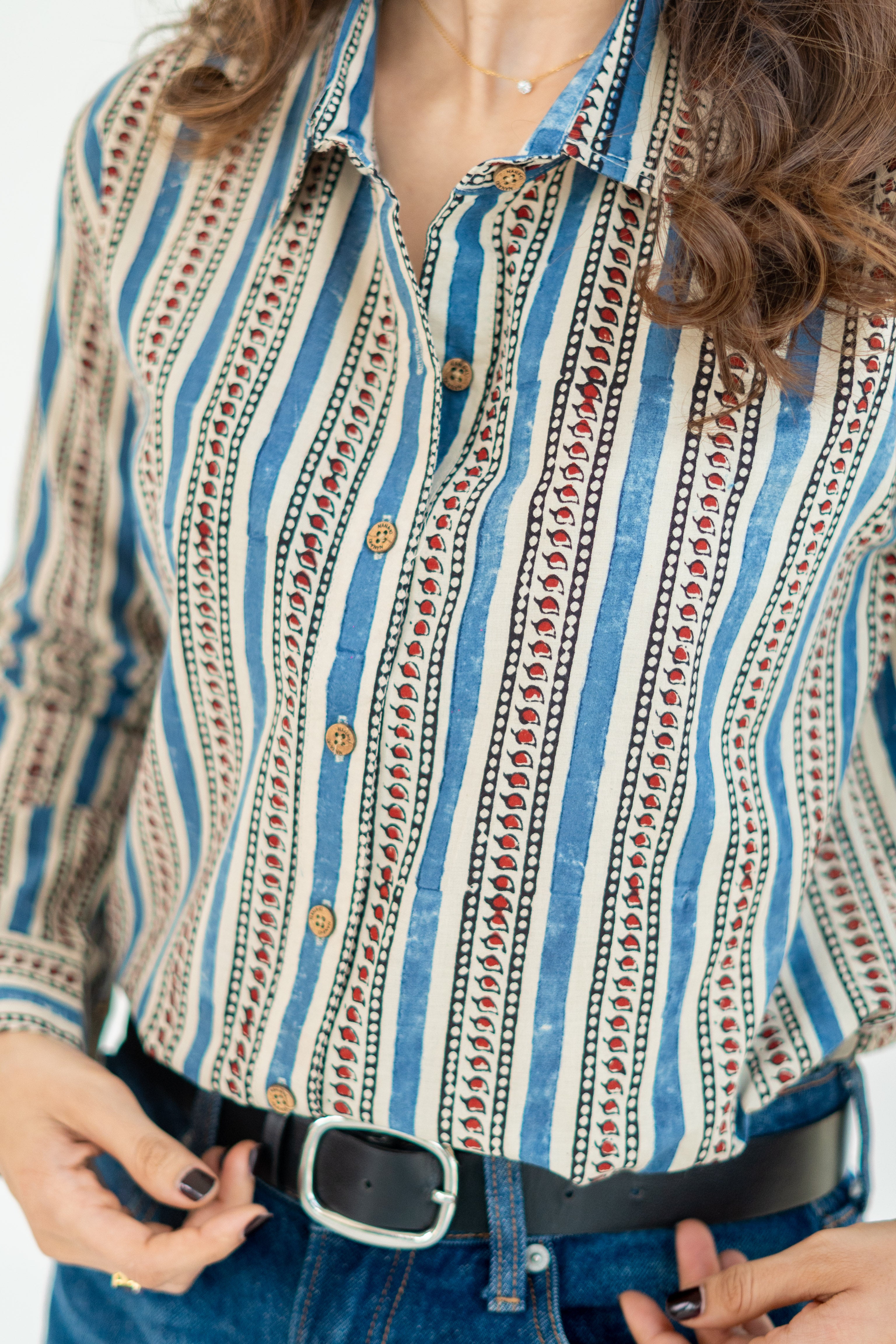 Ajrakh Motif Stripe Handblock Cotton Shirt