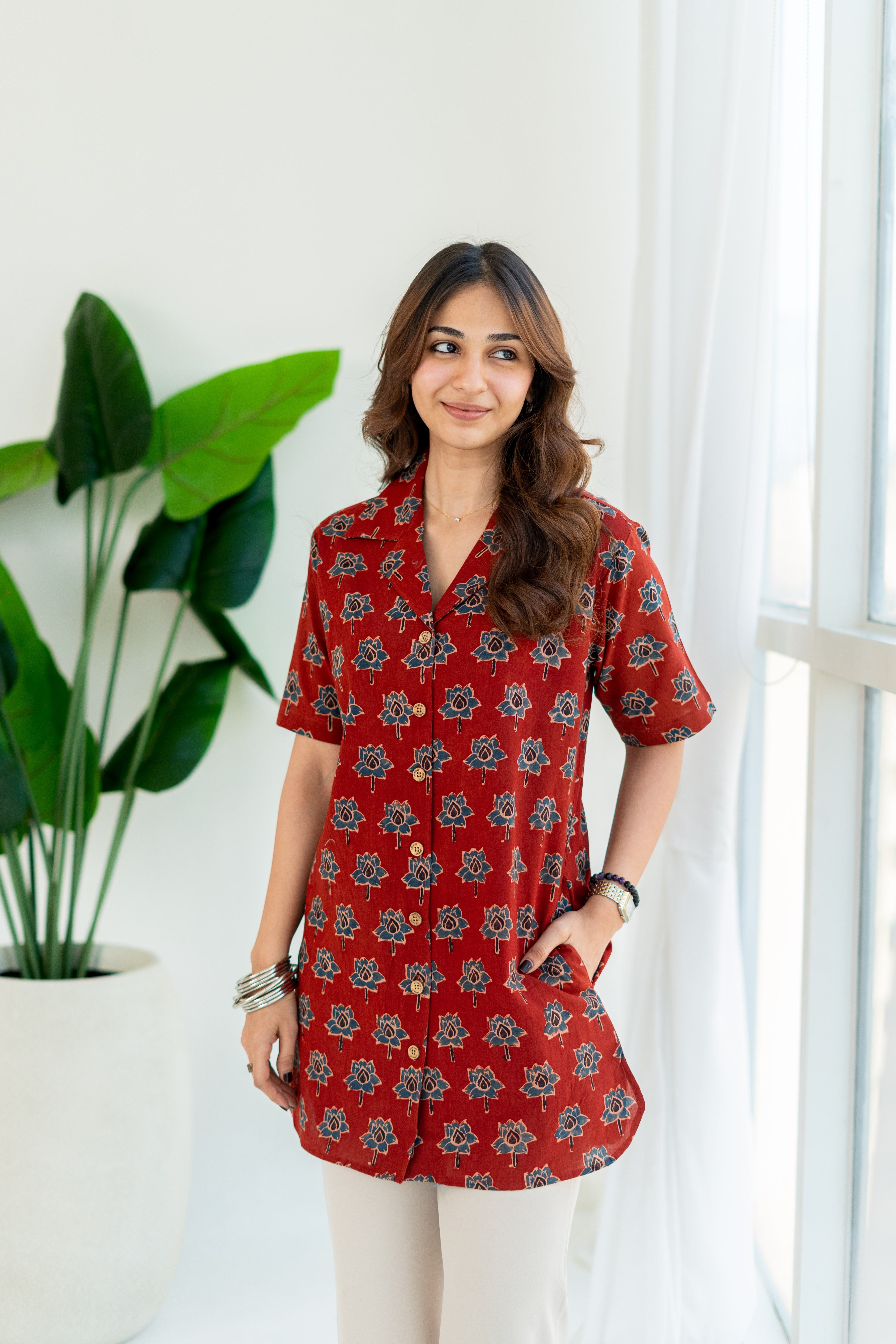 Red Ajrakh Floral Handblock Cotton Shirt Kurti