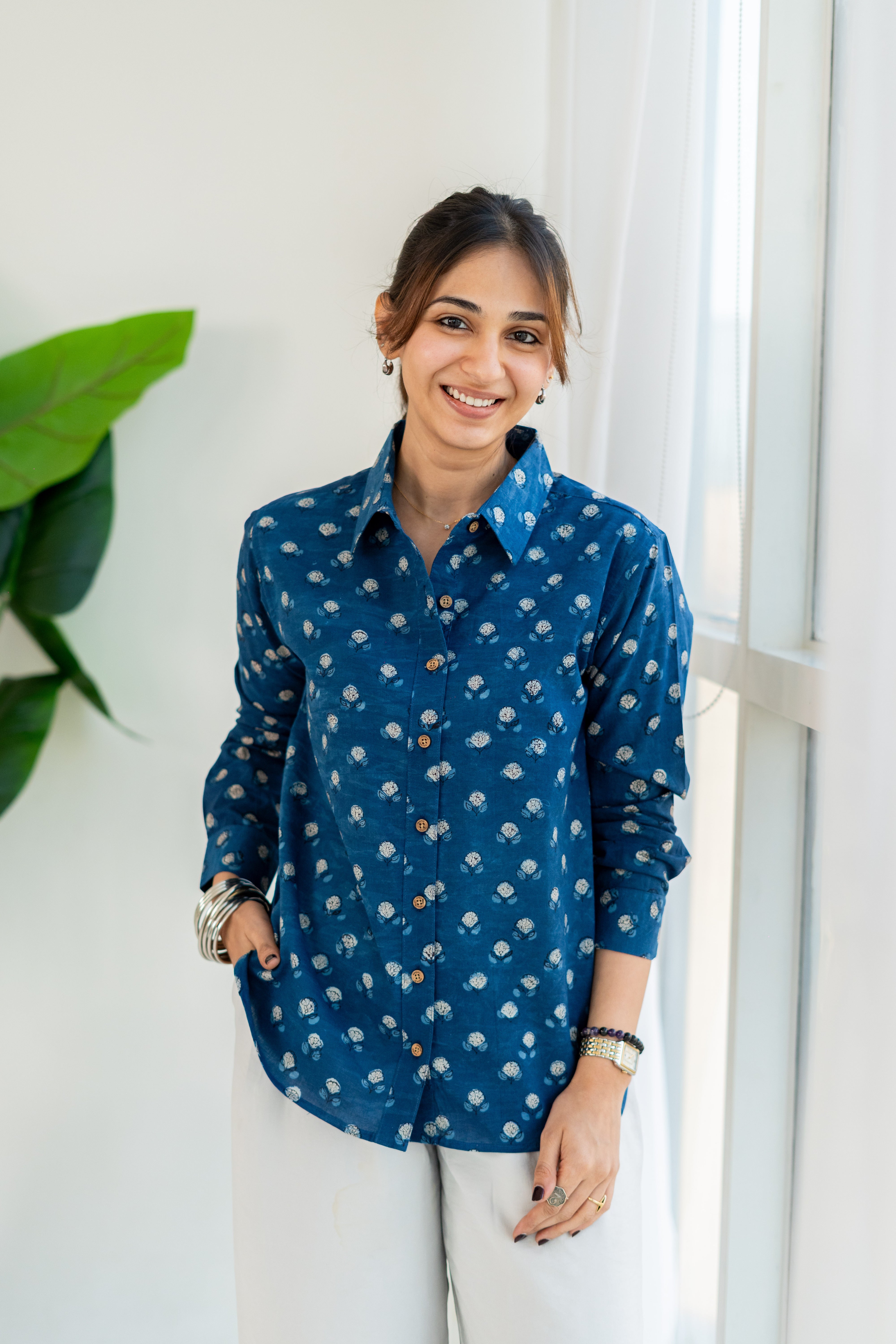 Blue Floral Handblock Cotton Shirt