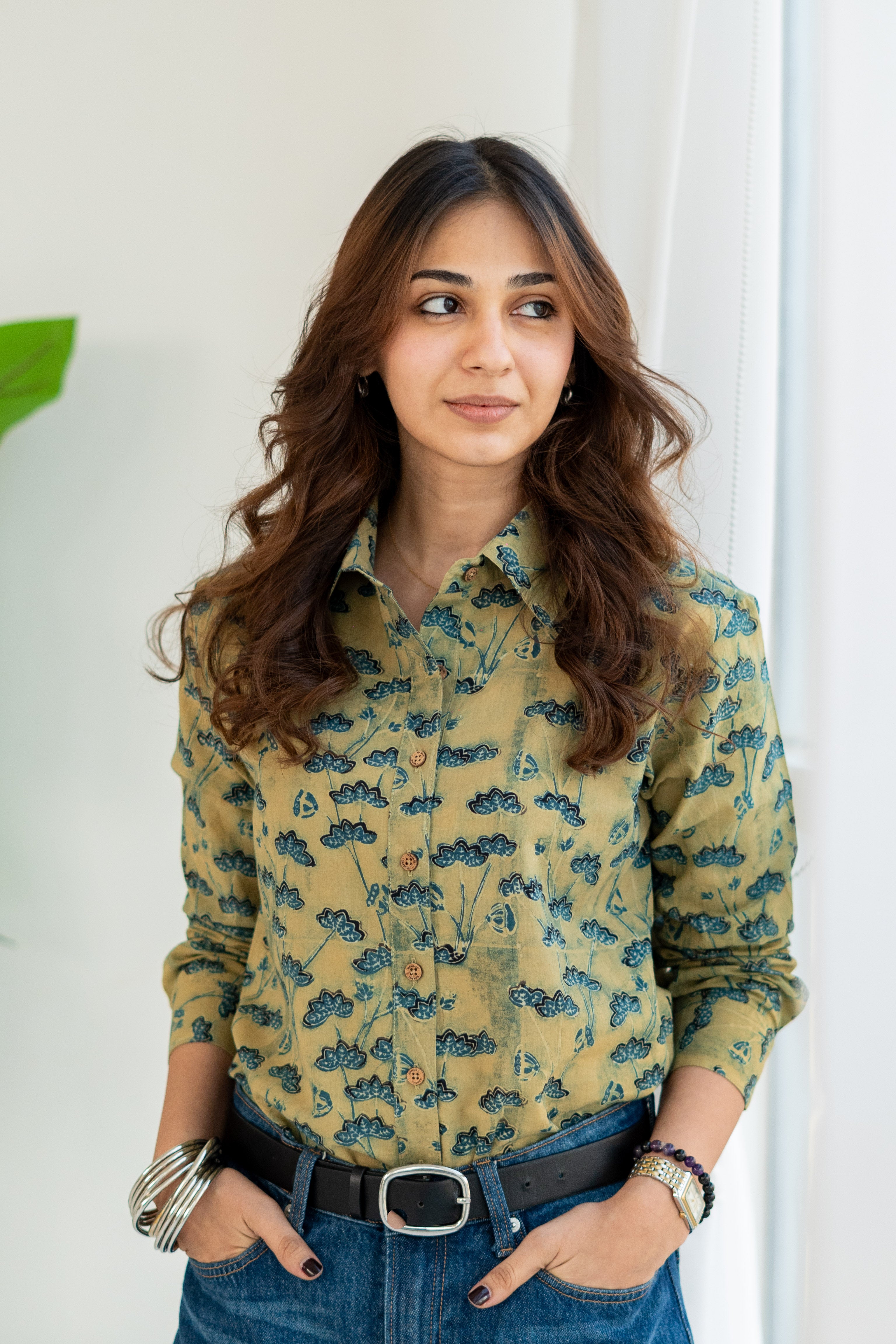 Ajrakh Green Floral Handblock Cotton Shirt