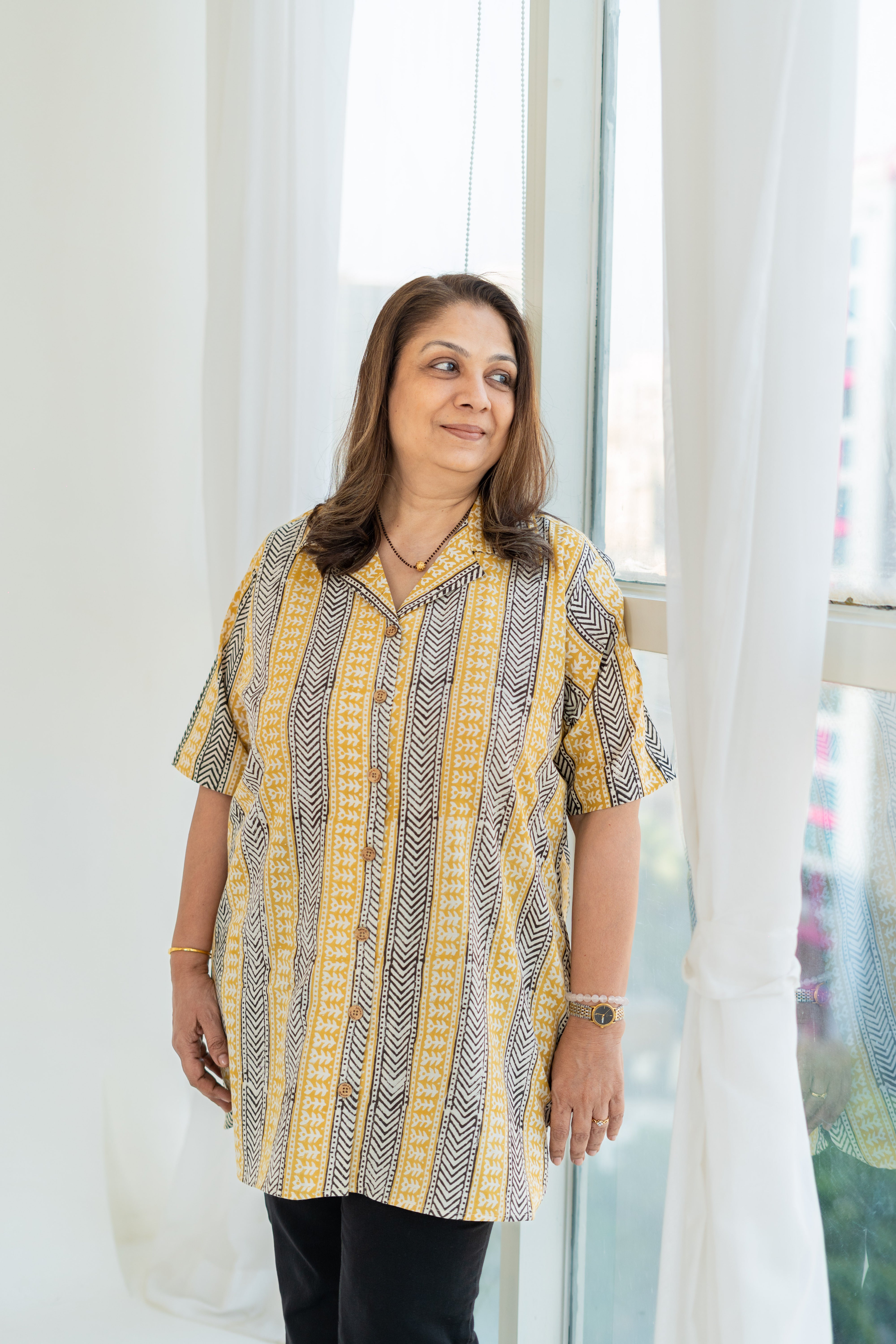 Ajrakh Yellow Stripe Handblock Cotton Shirt Kurti