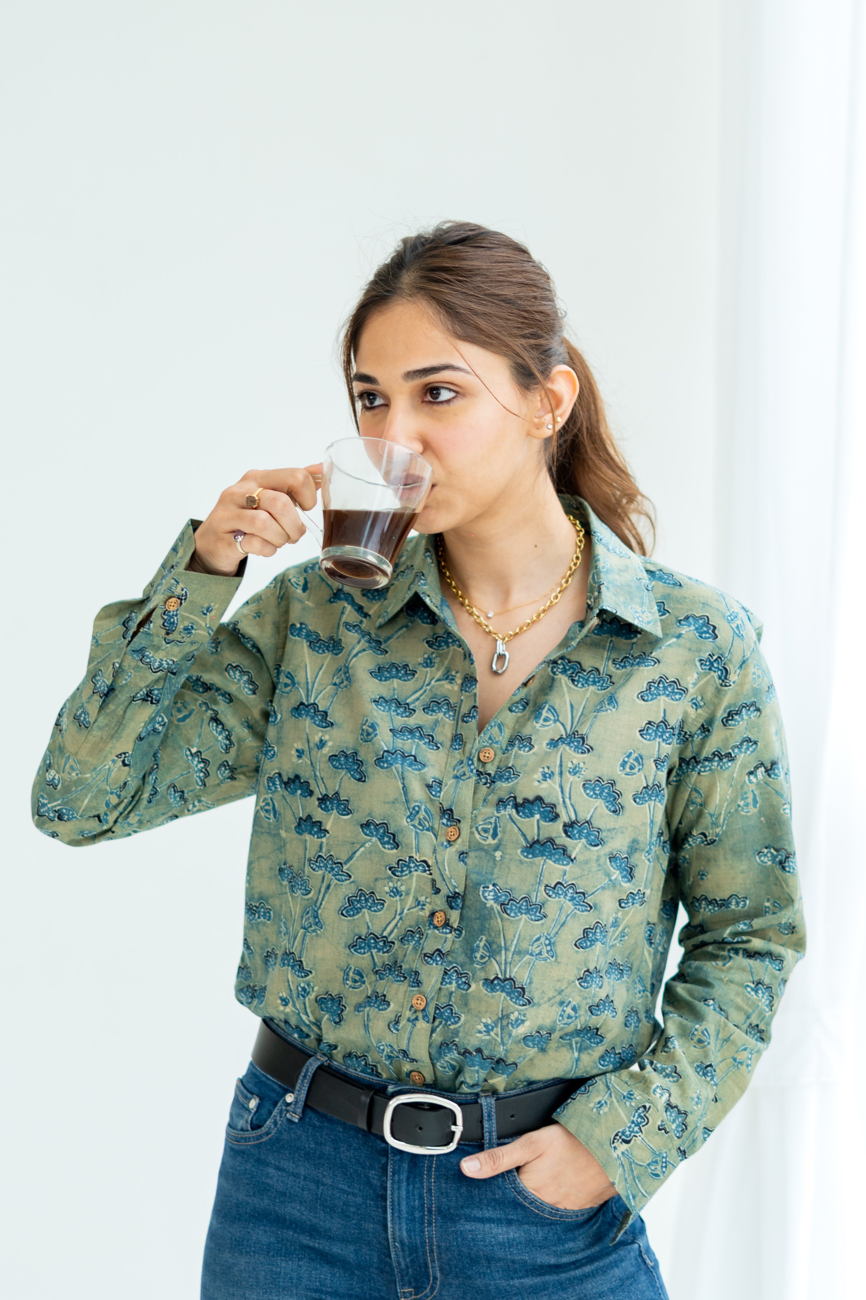 Ajrakh Green Floral Handblock Cotton Shirt
