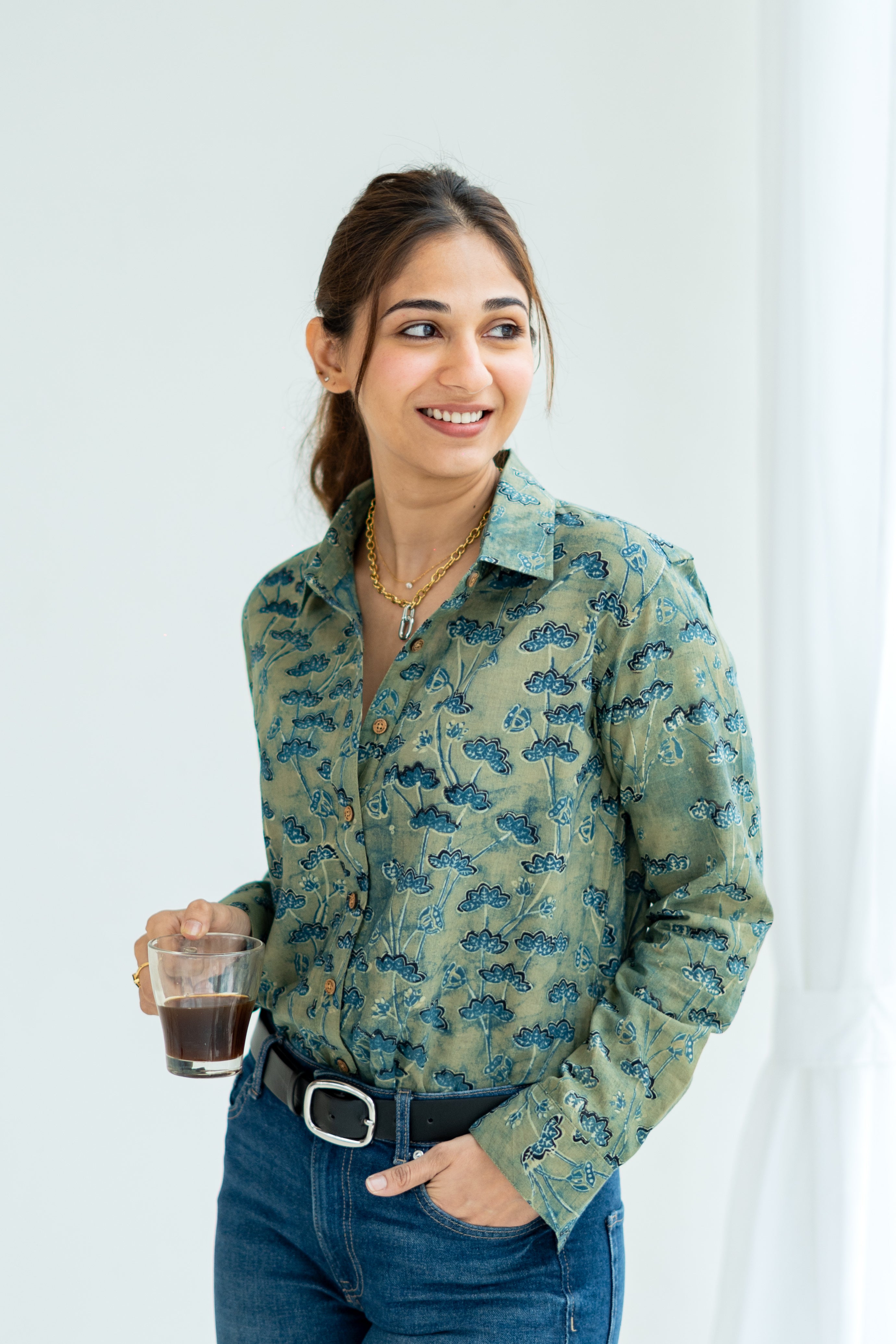 Ajrakh Green Floral Handblock Cotton Shirt