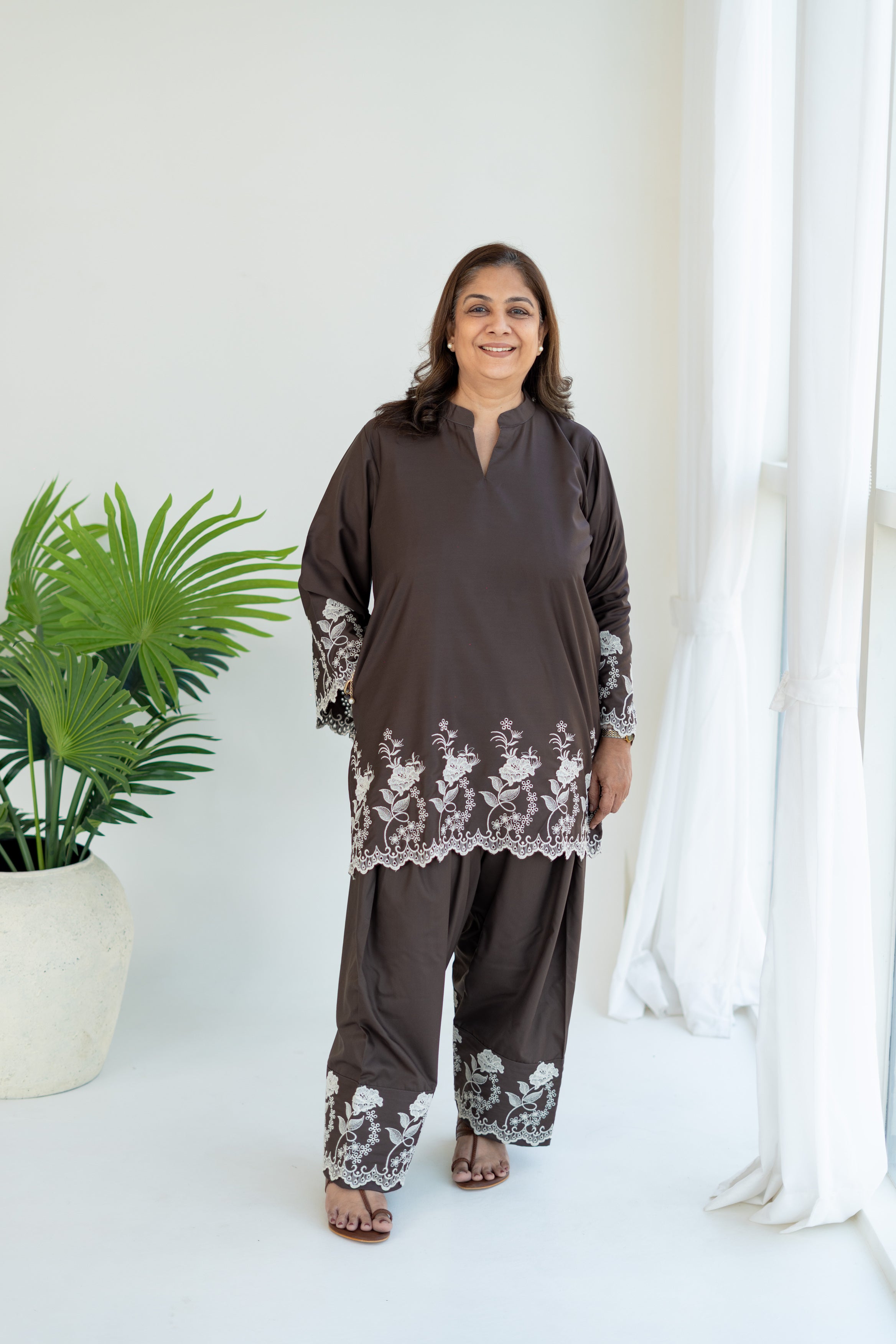 Brown Embroidered Farshi Salwar Set