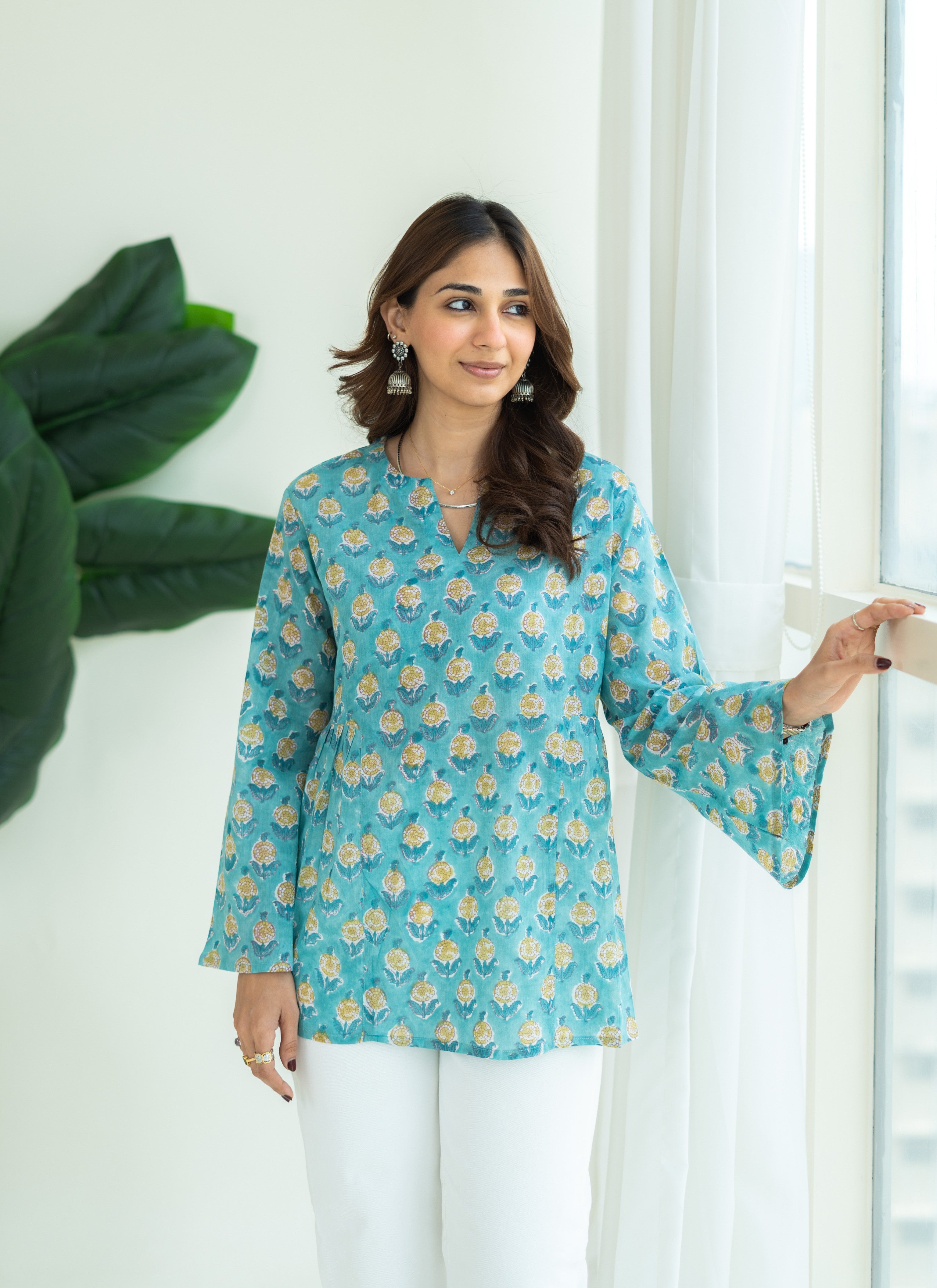 Blue Yellow Floral Bell Sleeves Mul Cotton Short Top