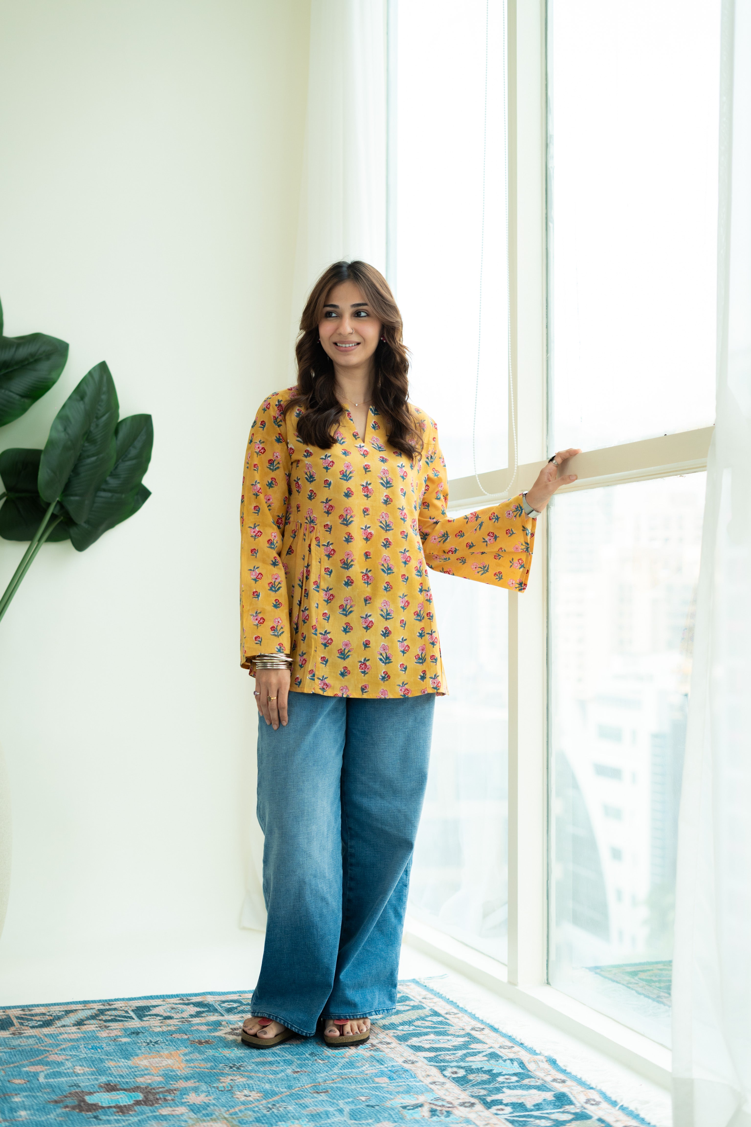 Mustard Pink Floral Bell Sleeves Cotton Short Top