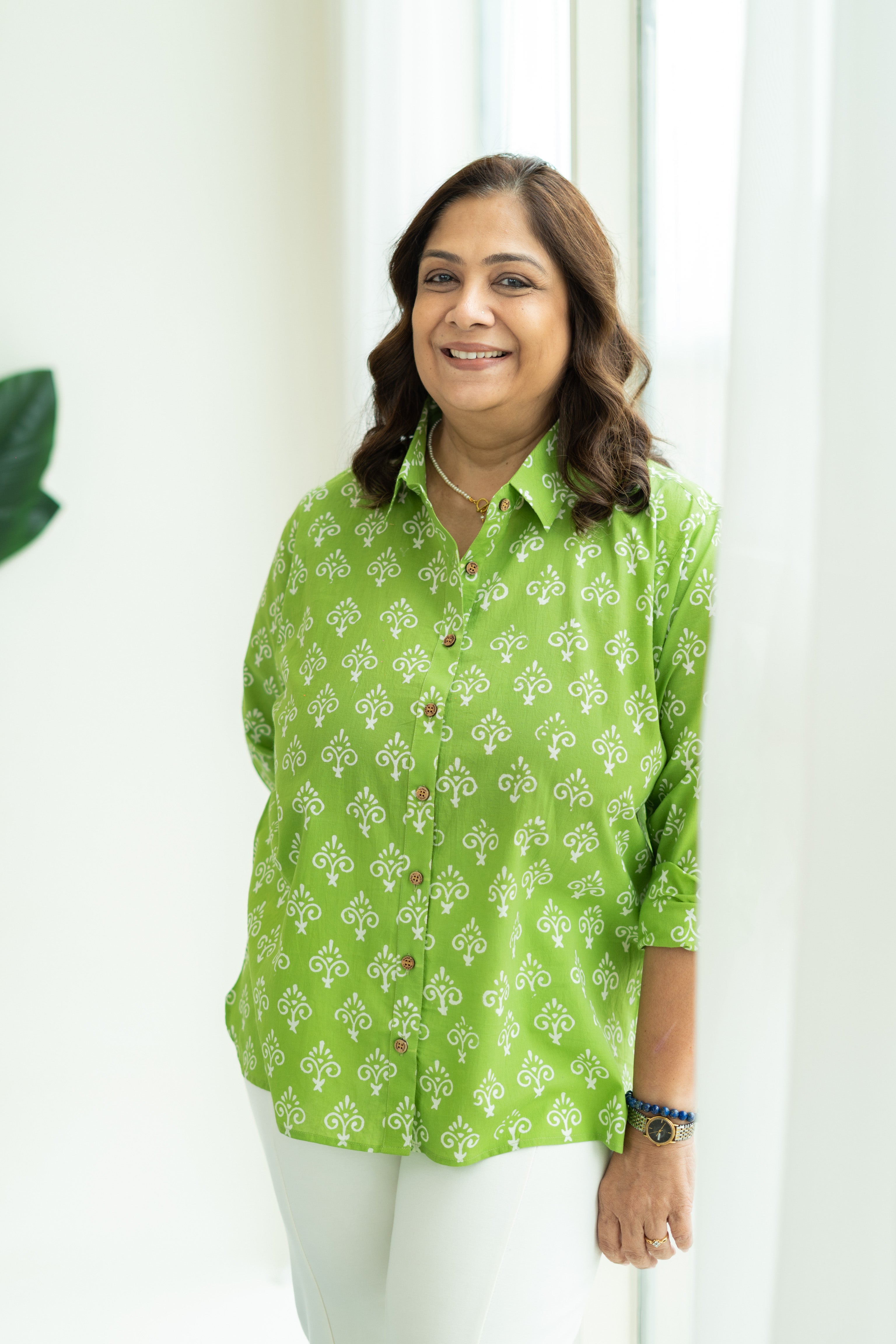 Parrot Green Floral Handblock Cotton Shirt