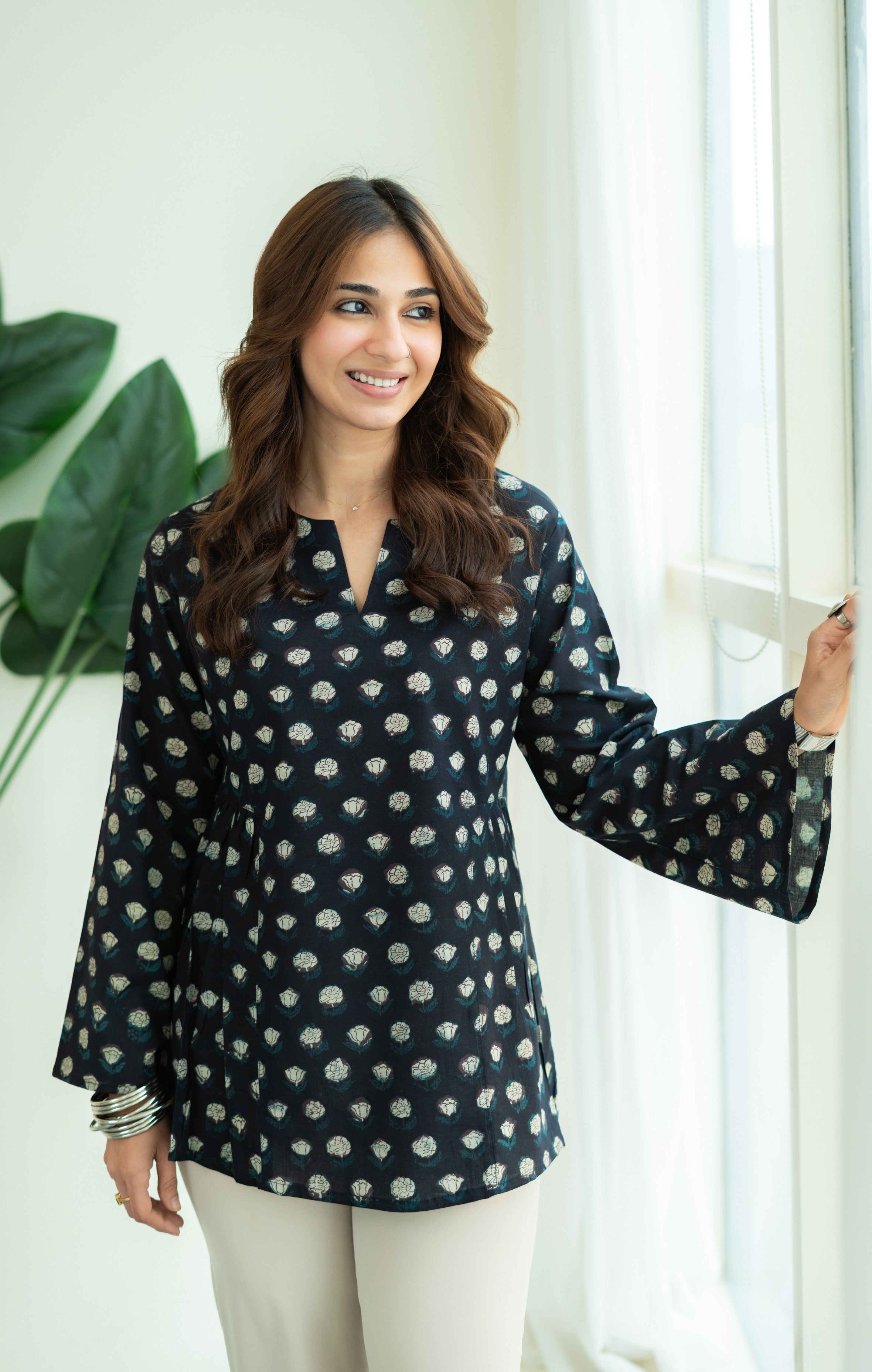 Black Floral Bell Sleeves Cotton Short Top