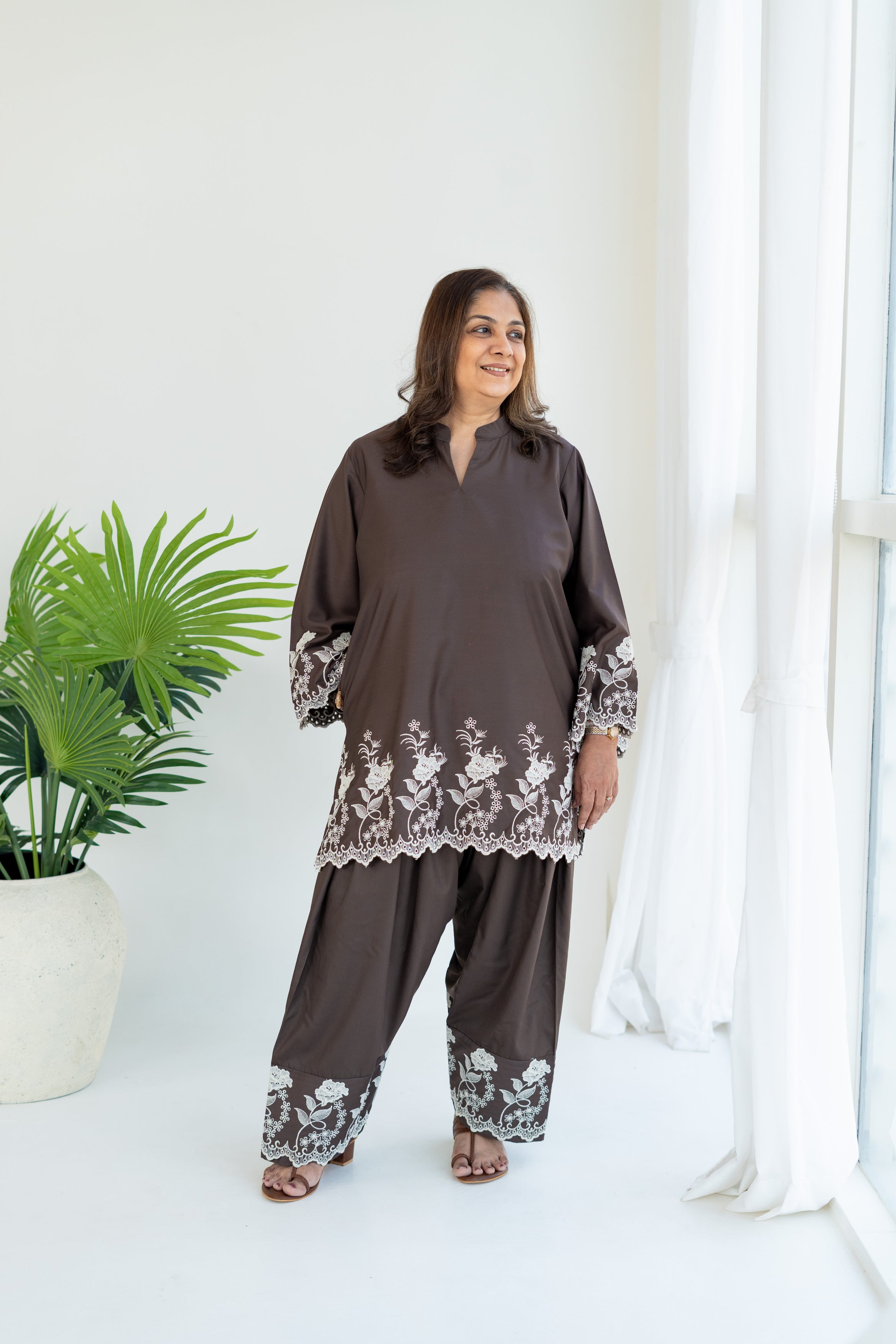 Brown Embroidered Farshi Salwar Set