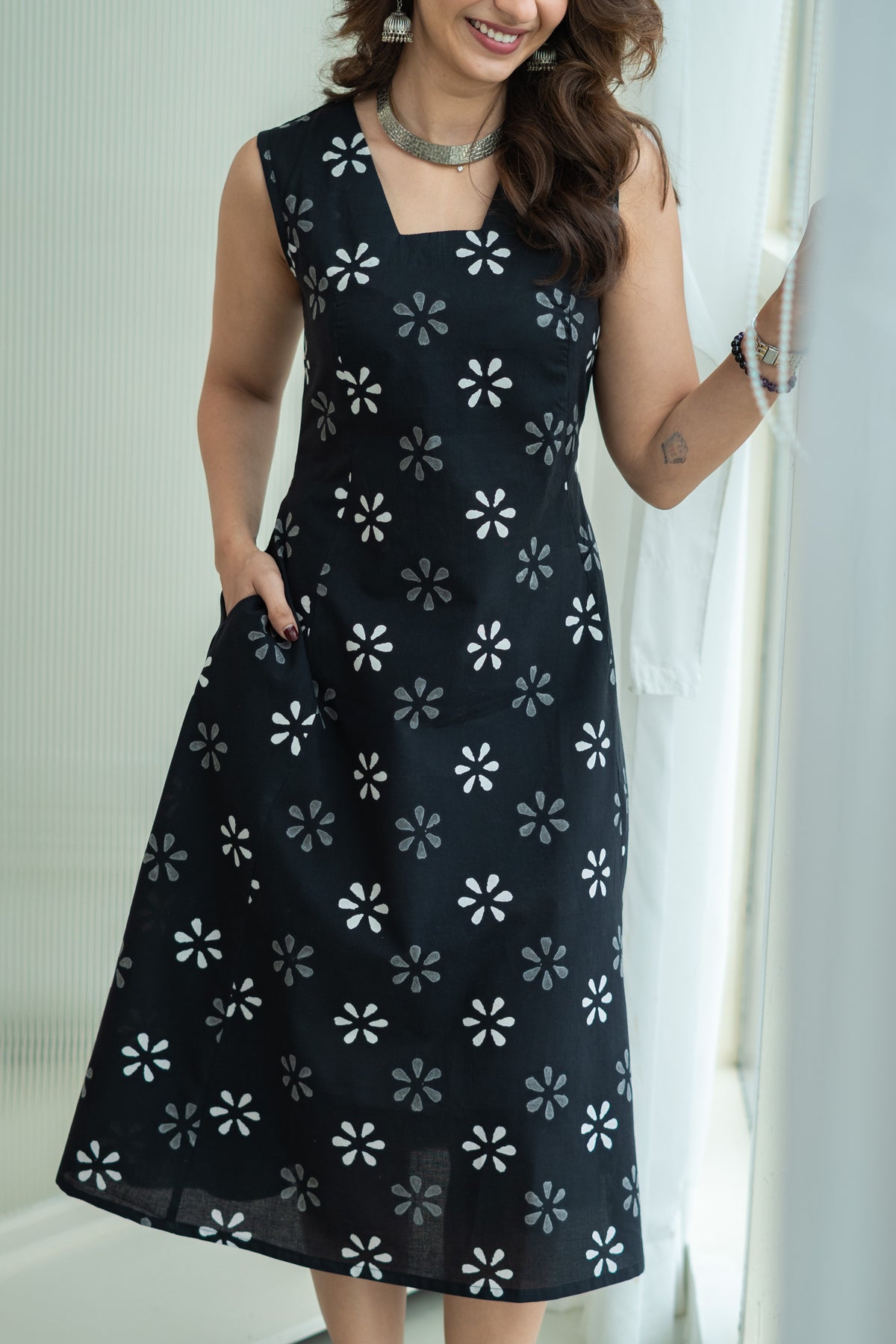White & Grey Flower Handblock Cotton Corset Dress