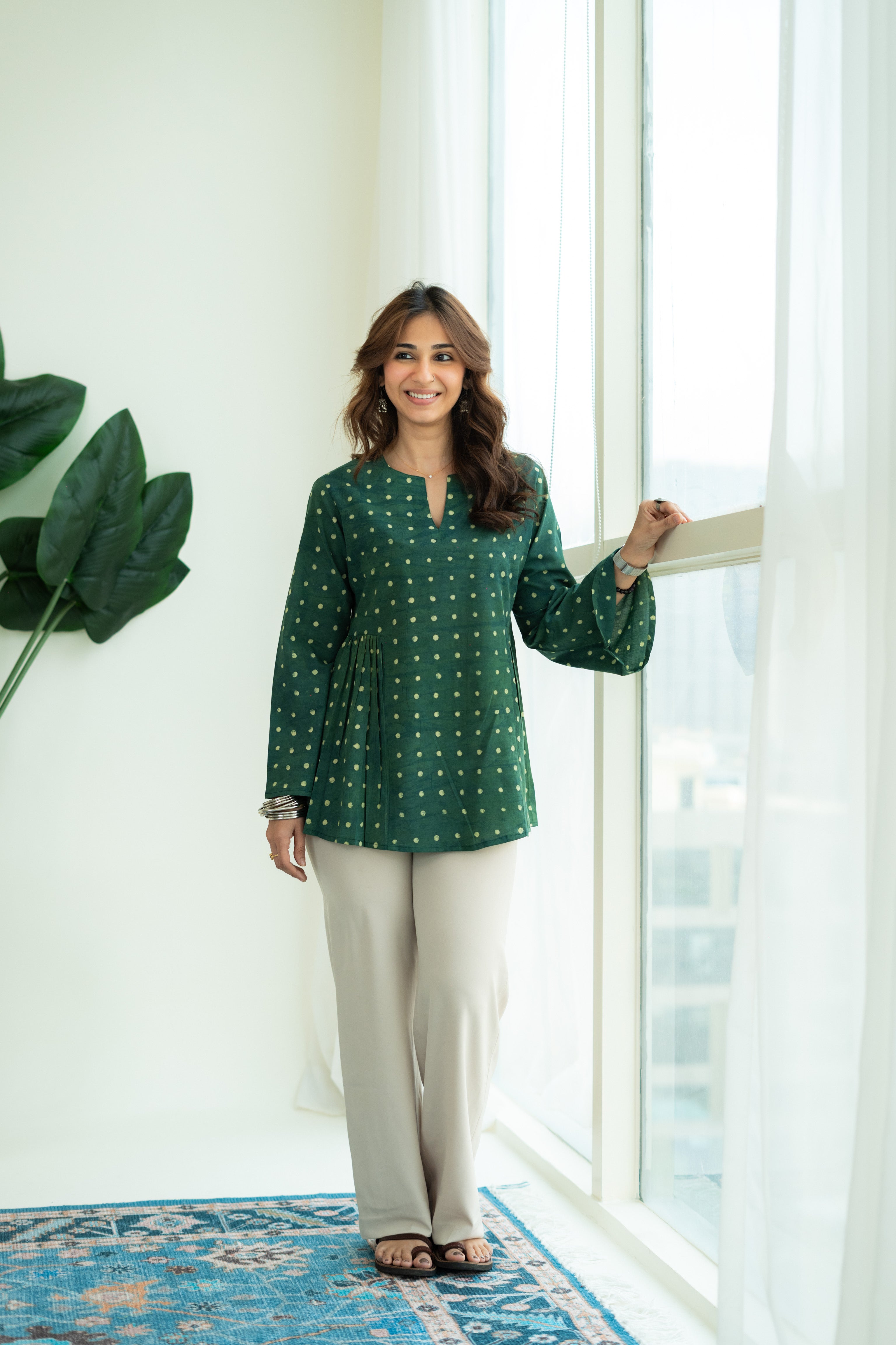 Green Polka Bell Sleeves Cotton Short Top
