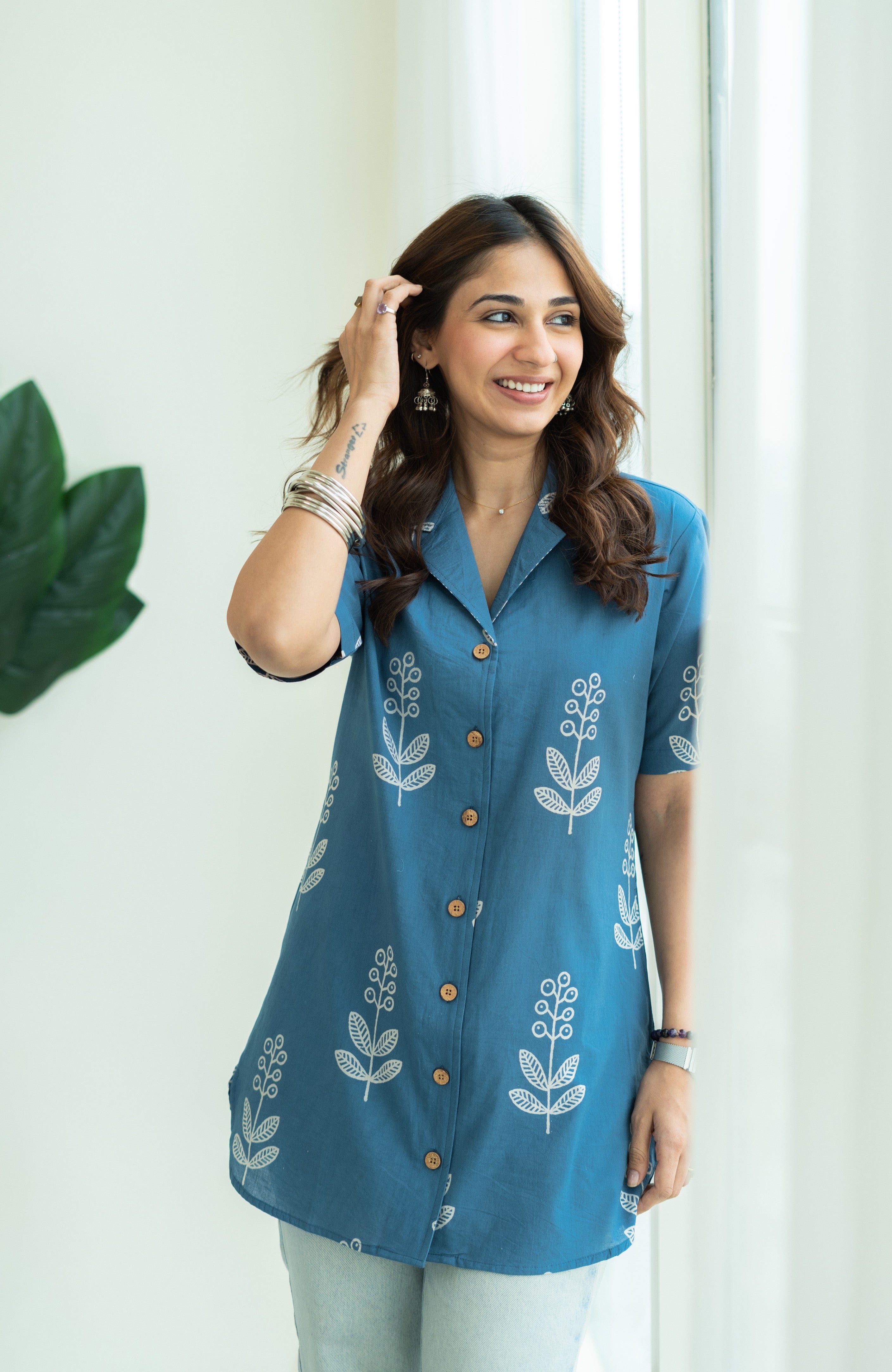 Blue Bagru Floral Handblock Cotton Shirt Kurti