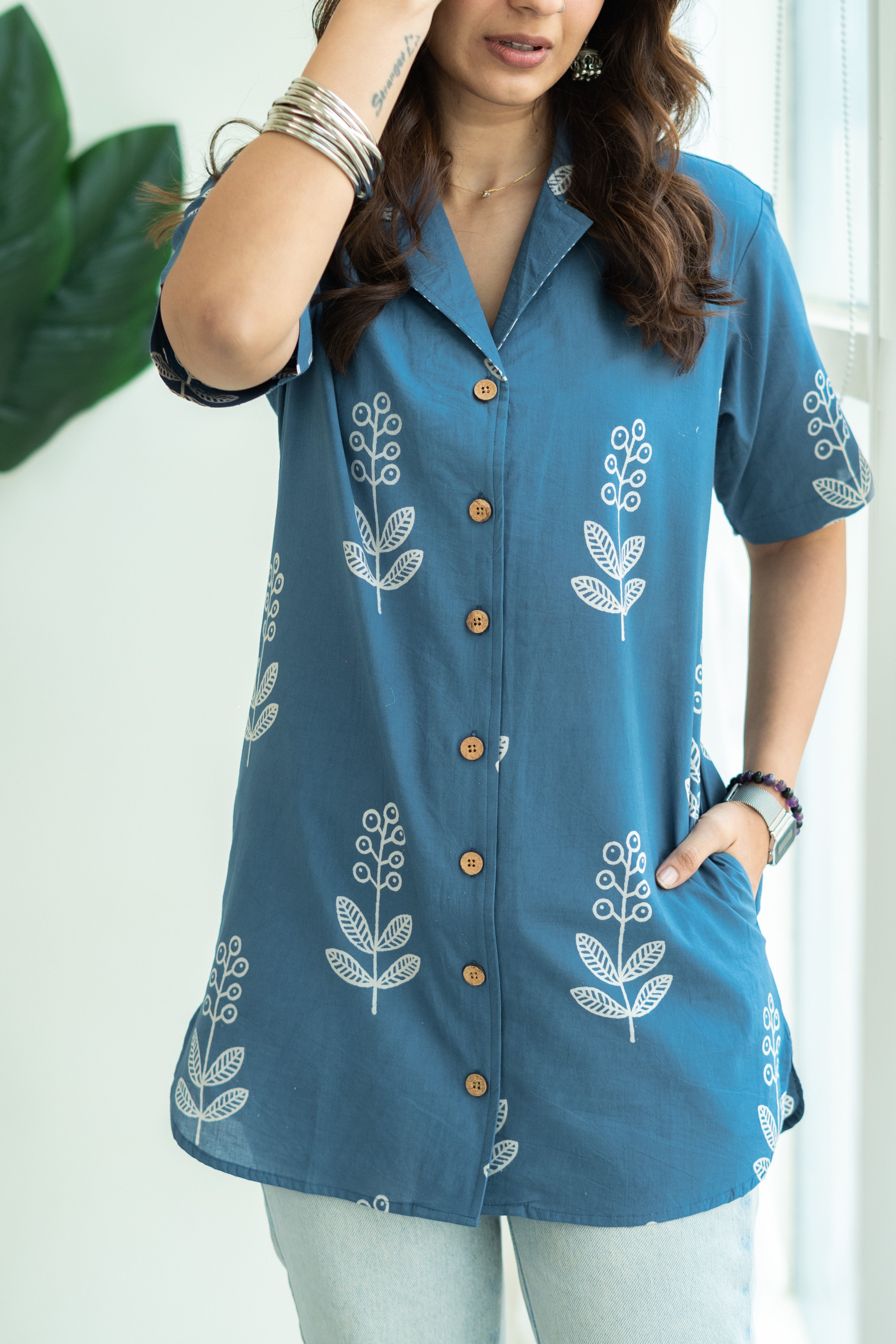 Blue Bagru Floral Handblock Cotton Shirt Kurti