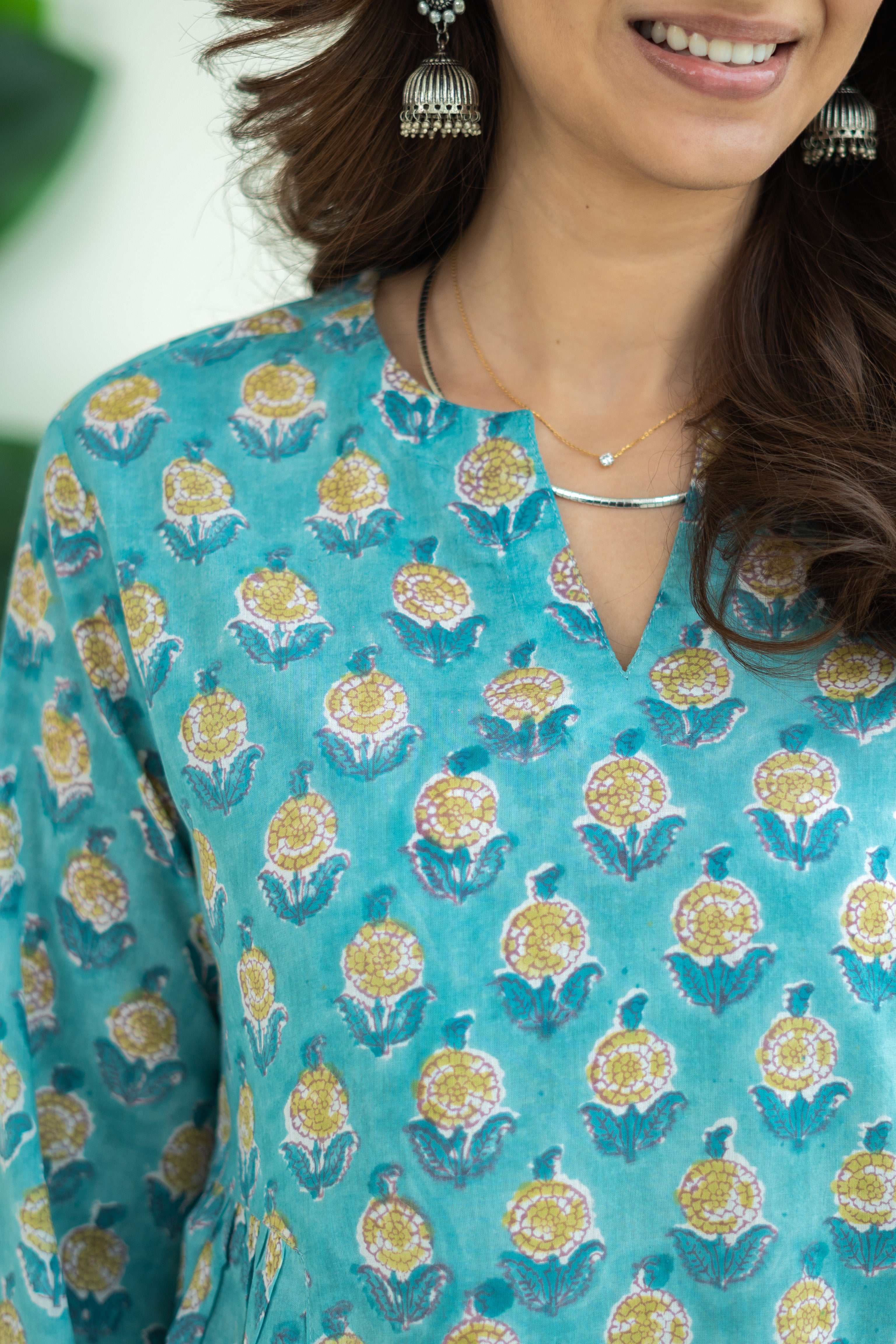 Blue Yellow Floral Bell Sleeves Mul Cotton Short Top